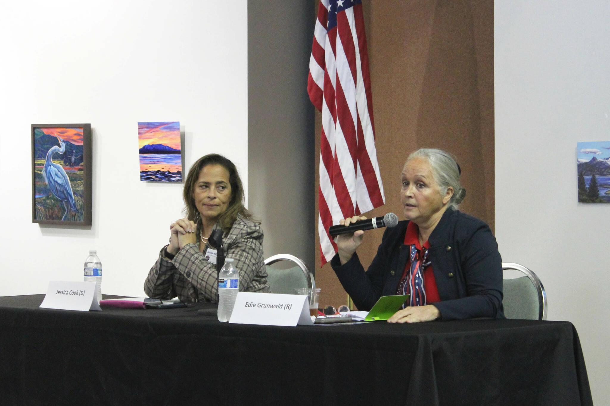 Alaska lieutenant governor candidates Jessica Cook (left) and Edie Grunwald (right) participate in a forum at the Kenai Chamber of Commberce and Visitor Center on Wednesday, Sept. 14, 2022 in Kenai, Alaska. (Ashlyn O'Hara/Peninsula Clarion)