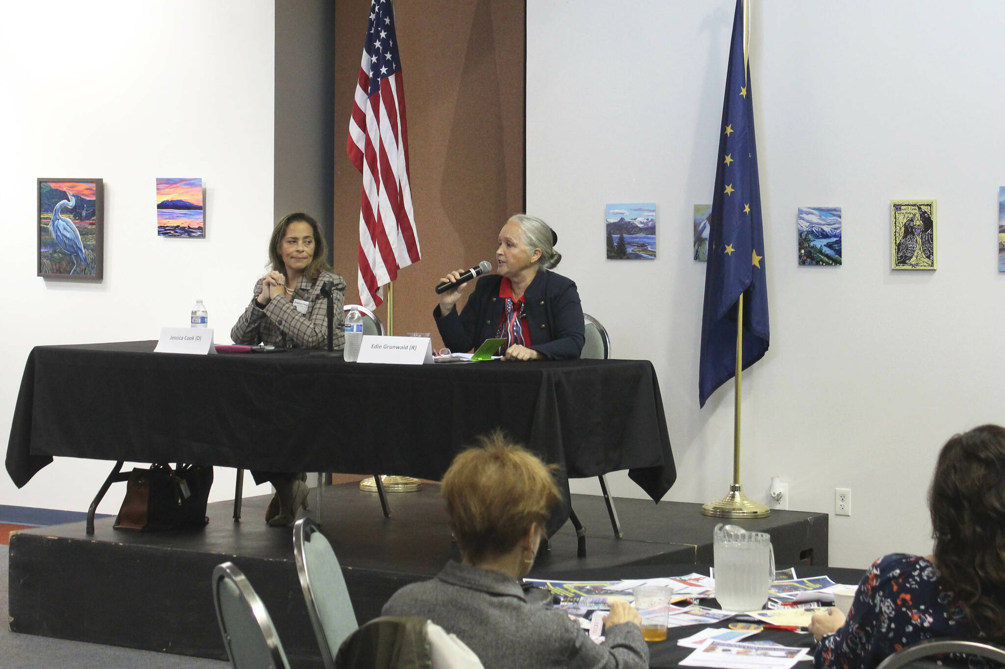 Alaska lieutenant governor candidates Jessica Cook (left) and Edie Grunwald (right) participate in a forum at the Kenai Chamber of Commberce and Visitor Center on Wednesday, Sept. 14, 2022 in Kenai, Alaska. (Ashlyn O'Hara/Peninsula Clarion)