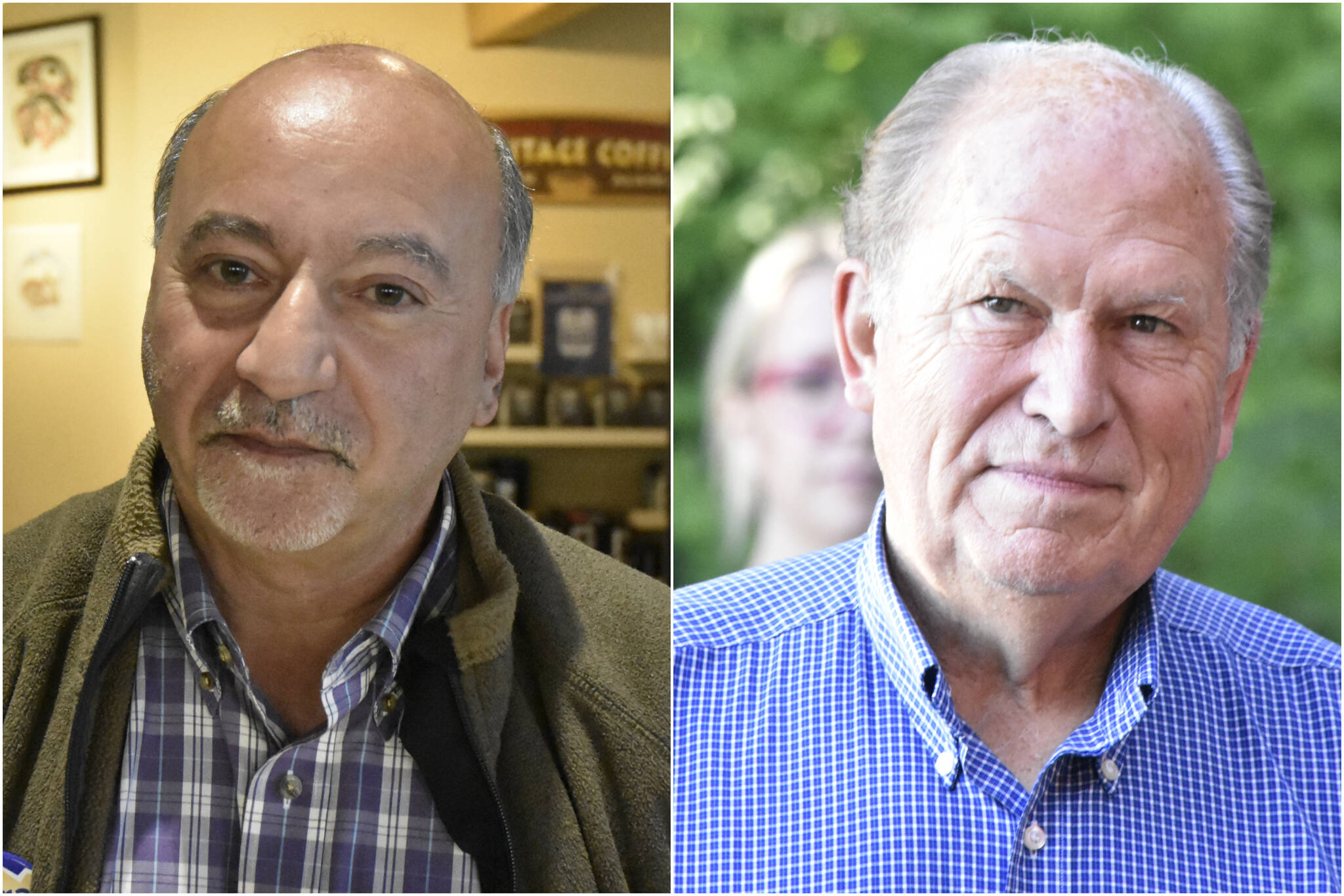 This combination photo shows gubernatorial candidates Les Gara and Bill Walker. Gara, a former Democratic state lawmaker, and Walker, former independent governor of Alaska, took questions Wednesday during a forum held as part of the annual Southeast Conference meeting in Ketchikan. Both candidates noted the absence of incumbent Gov, Mike Dunleavy, who has been a no-show at several recent forums. (Peter Segall / Juneau Empire File)