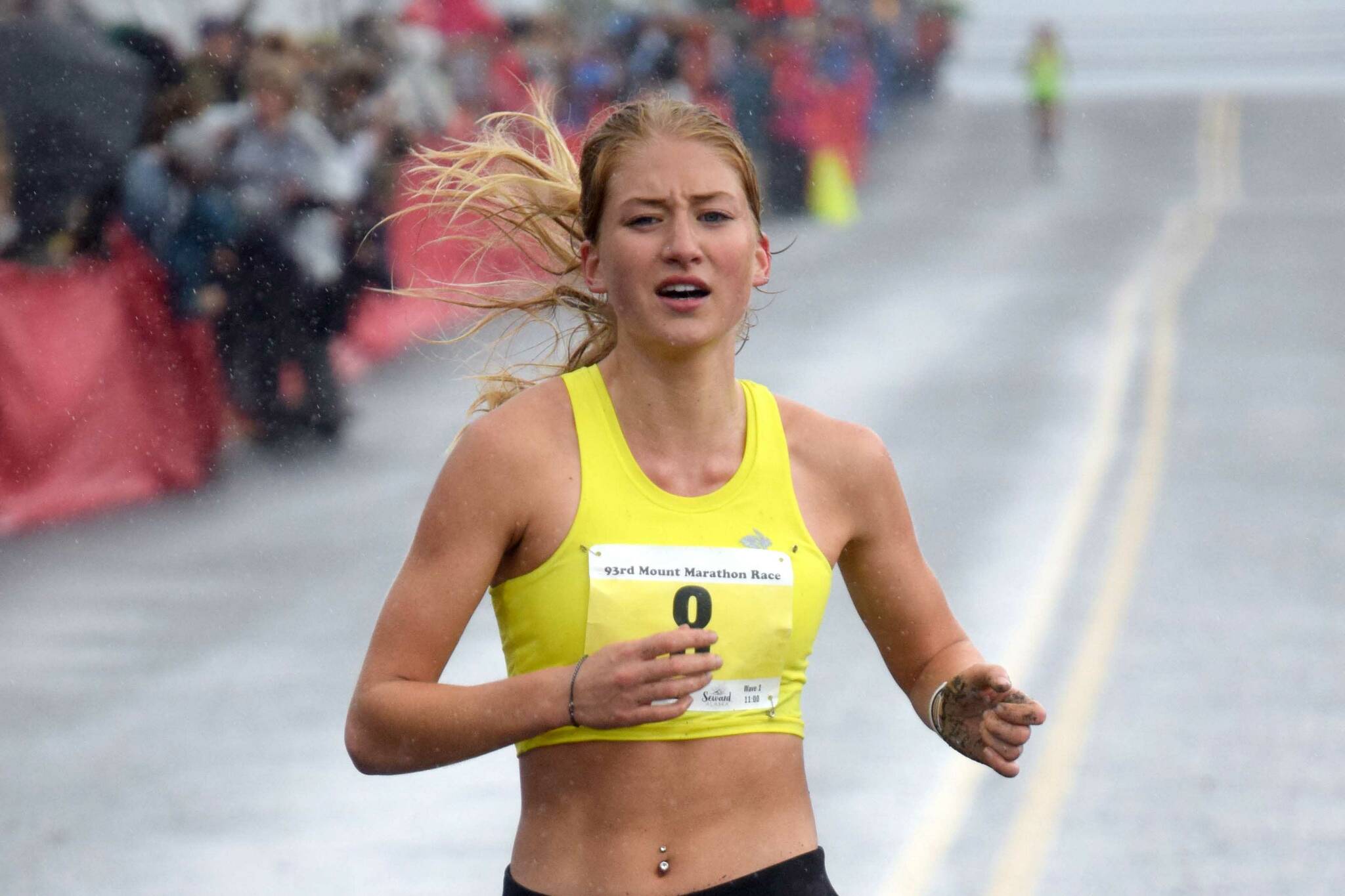Ruby Lindquist of Seward takes second in the women's Mount Marathon Race on Wednesday, July 7, 2021, in Seward, Alaska. (Photo by Jeff Helminiak/Peninsula Clarion)
