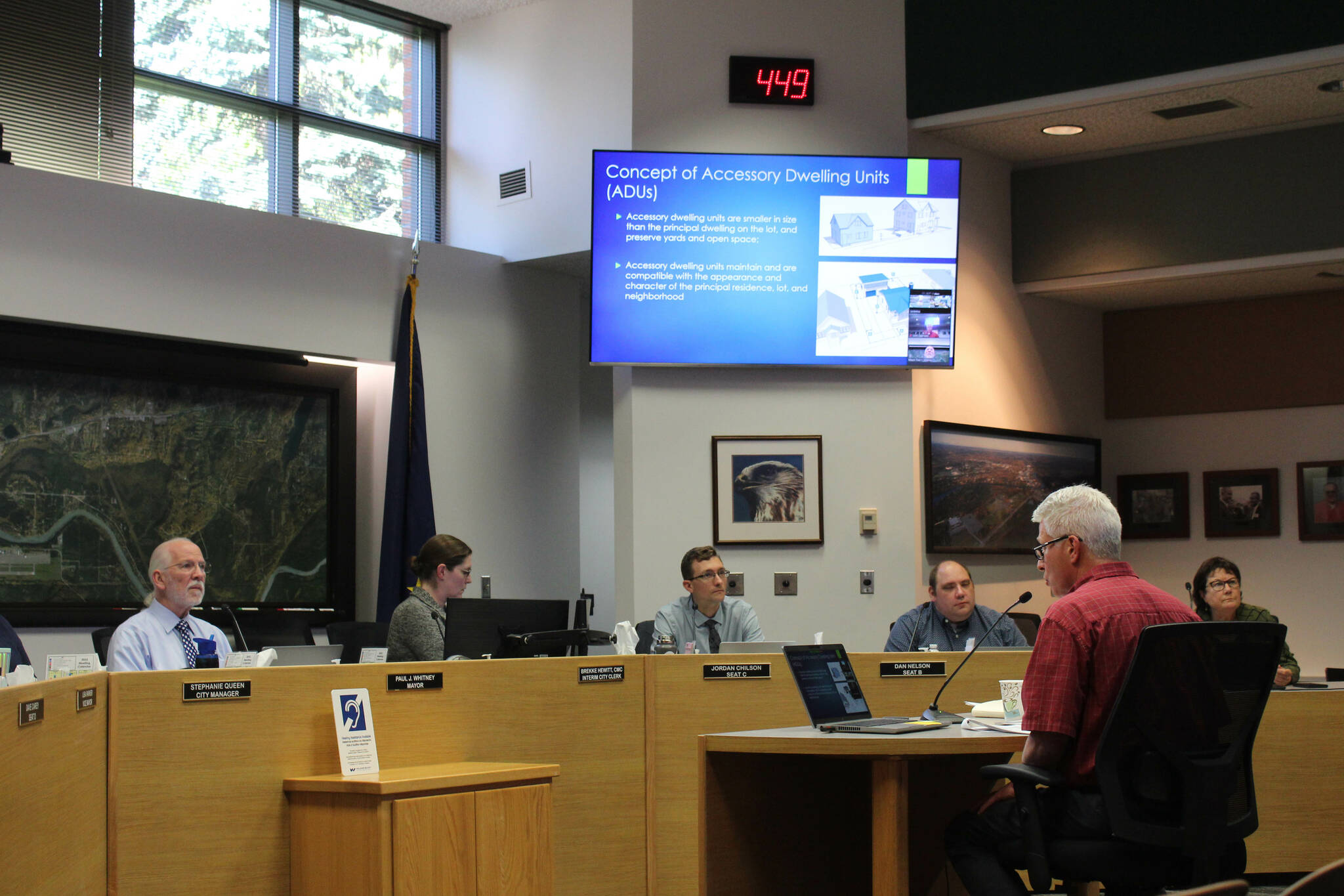 Soldotna Director of Economic Development John Czarnezki, right, presents proposed changes to city code relating to accessory dwelling units during a work session on Wednesday, Sept. 14, 2022 in Soldotna, Alaska. (Ashlyn O’Hara/Peninsula Clarion)