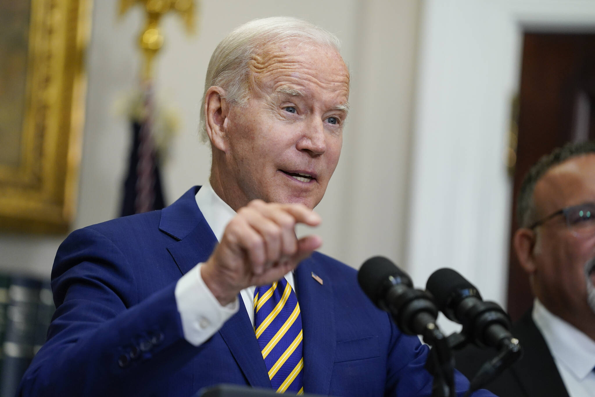 AP Photo / Evan Vucci
President Joe Biden speaks about student loan debt forgiveness in the Roosevelt Room of the White House, Wednesday, Aug. 24, 2022, in Washington. Education Secretary Miguel Cardona listens at right.