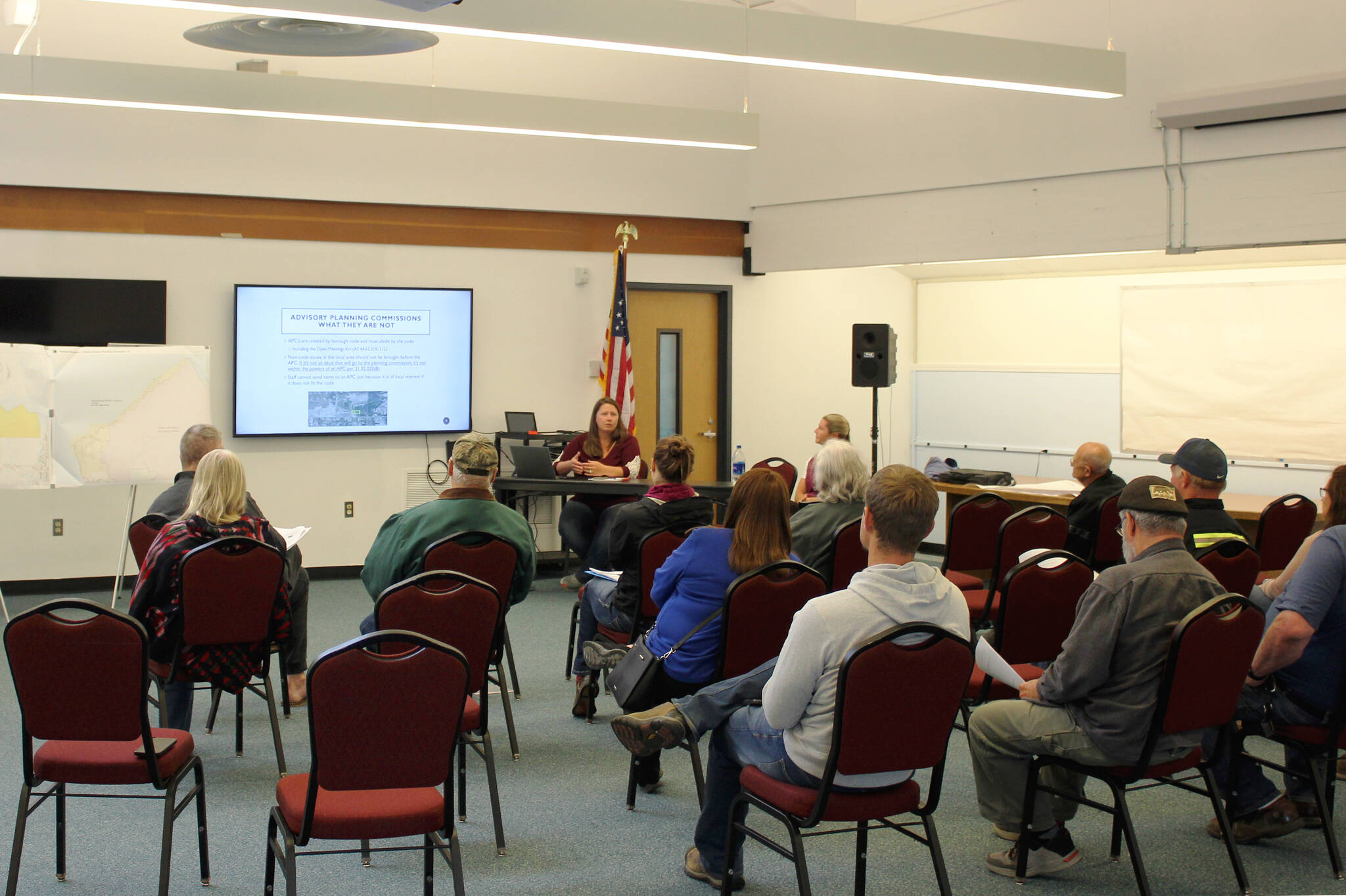 Kenai Peninsula Borough River Center Manager Samantha Lopez presents information at a meeting discussing the potential boundaries of a Nikiski Advisory Planning Commission at the Nikiski Community Recreation Center on Tuesday, July 19, 2022 in Nikiski, Alaska. (Ashlyn O’Hara/Peninsula Clarion)