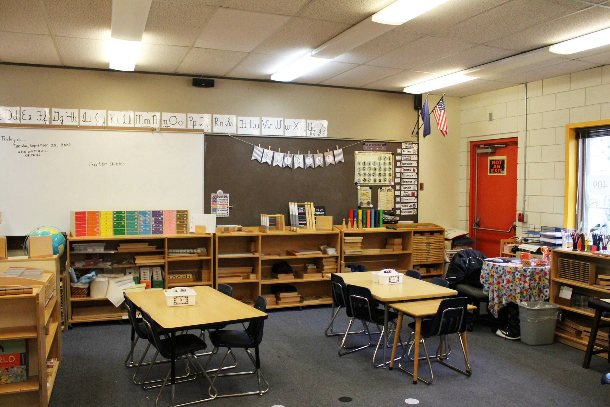 Montessori materials sit on shelves in a classroom at Soldotna Montessori Charter School on Tuesday, Sept. 20, 2022, in Soldotna, Alaska. (Ashlyn O’Hara/Peninsula Clarion)