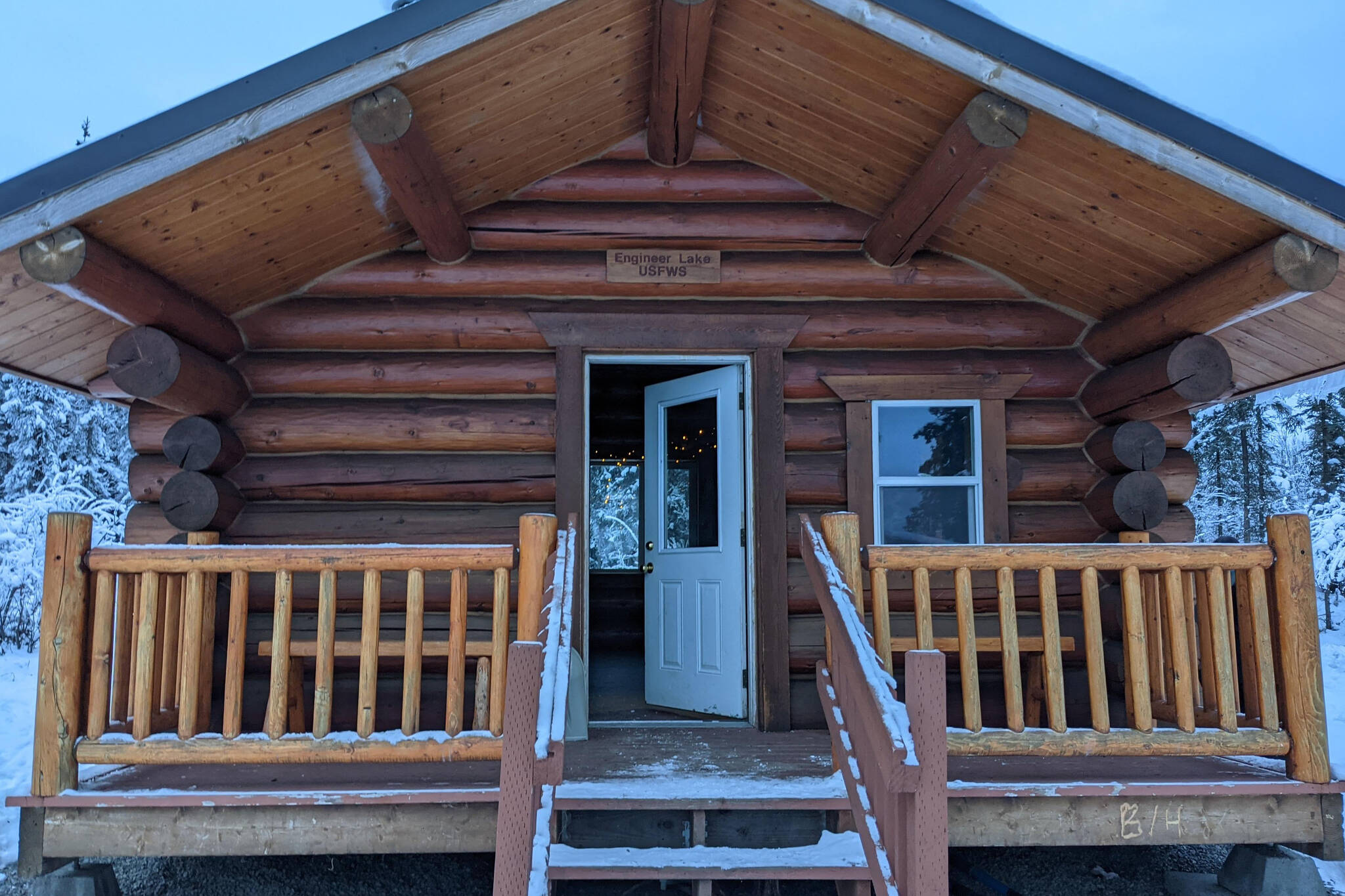 Engineer Lake Cabin can be seen in the Kenai National Wildlife Refuge on Nov. 21, 2021. The United States Department of Agriculture’s Forest Service announced Friday, Sept. 23, 2022, that $14.4 million of a larger $37 million package will be used to build cabins in the Chugach and Tongass National Forests. (Photo by Erin Thompson/Peninsula Clarion)