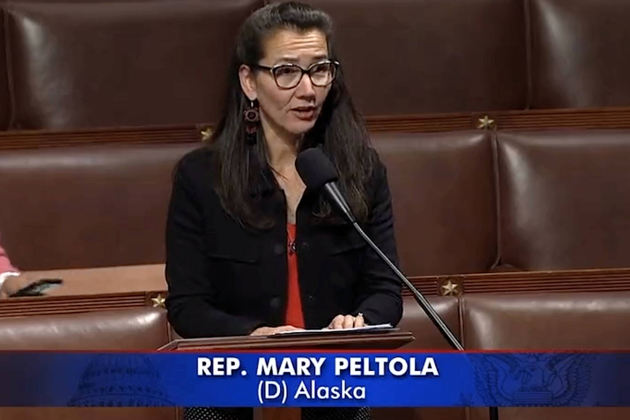 Screenshot from official U.S. House video
Rep. Mary Peltola, an Alaska Democrat, delivers a speech on the U.S. House floor before Thursday’s vote approving her first bill, establishing an Office of Food Security in the Department of Veterans Affairs. It passed the House by a 376-49 vote, although its fate in the Senate is undetermined.