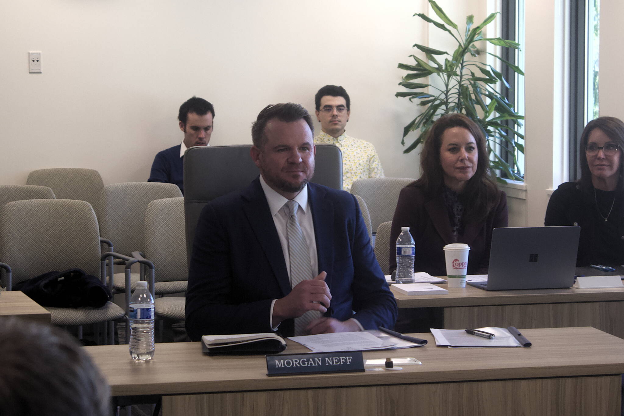 Morgan Neff talks about four generations of family who have worked in Alaska during his opening remarks while interviewing Monday, Oct. 3, 2022, to be the executive director of the Alaska Permanent Fund Corp. (Mark Sabbatini / Juneau Empire)