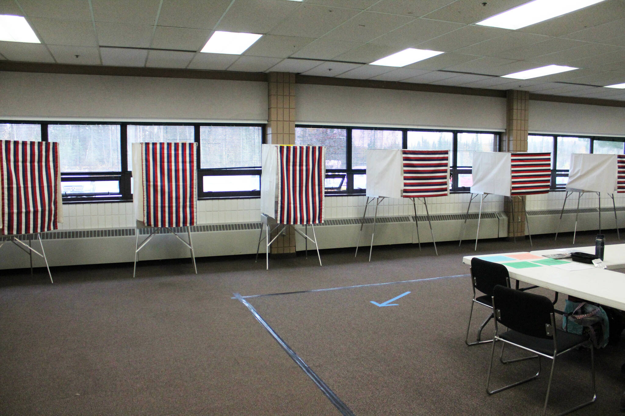 Voting booths are set up at the Soldotna Regional Sports Complex on Tuesday, Oct. 4, 2022, in Soldotna, Alaska. (Ashlyn O’Hara/Peninsula Clarion)