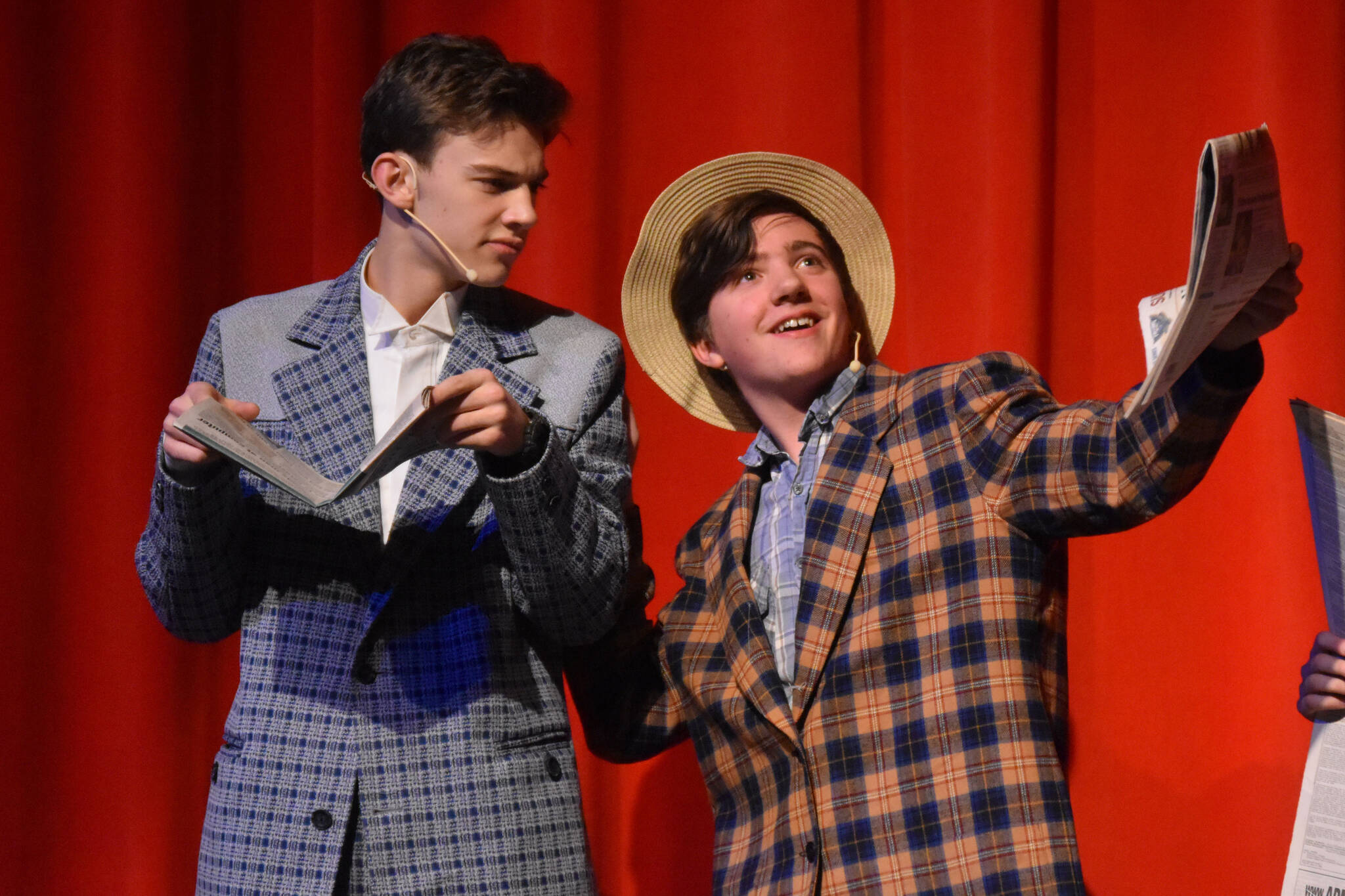 Kyler Allen and Jackson Hooper rehearse “The Music Man Jr.” on Monday, Oct. 3, 2022, at Nikiski Middle/High School in Nikiski, Alaska. (Jake Dye/Peninsula Clarion)