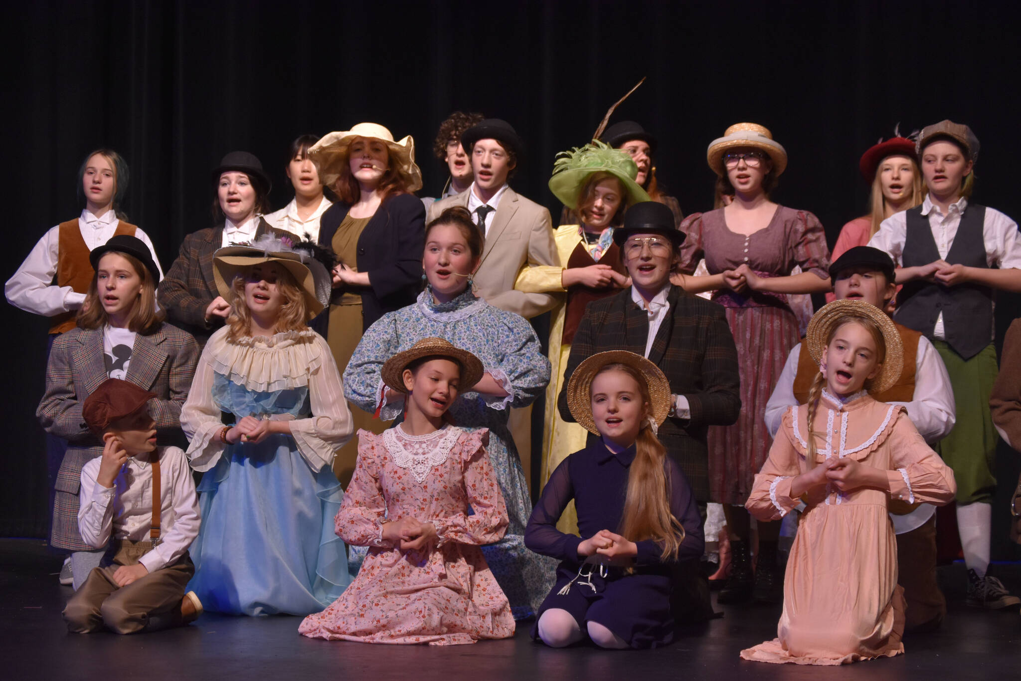 The cast of “The Music Man Jr.” rehearse on Monday, Oct. 3, 2022, at Nikiski Middle/High School in Nikiski, Alaska. (Jake Dye/Peninsula Clarion)