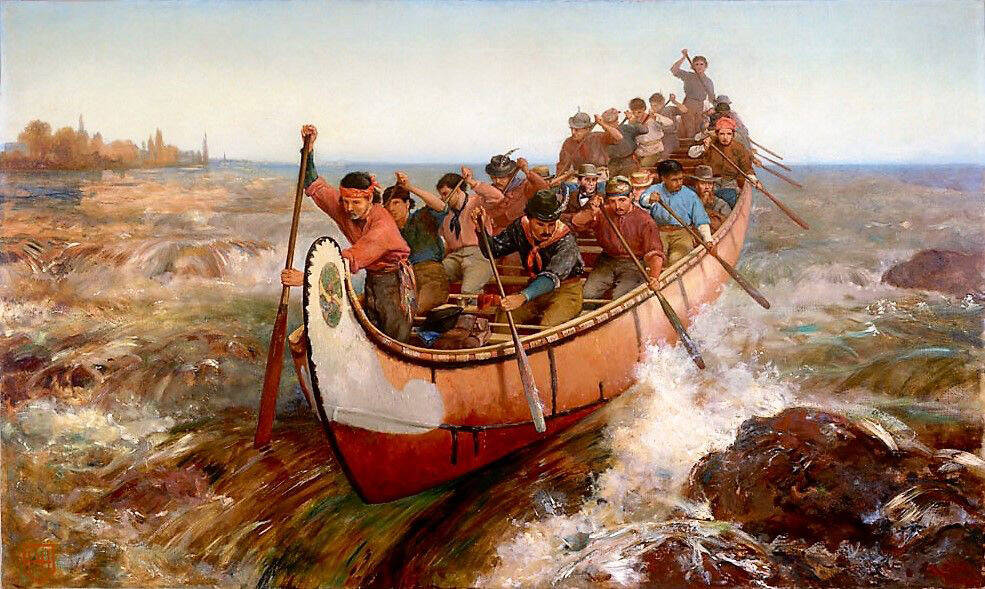 This is the artwork, of the voyageurs “Shooting the Rapids,” that hung in the author’s family cabin that inspired his trip. (Credit: Frances Anne Hopkins / Library and Archives Canada)