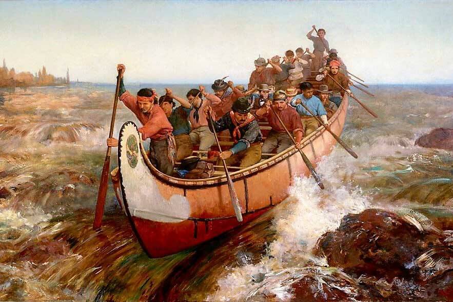 This is the artwork, of the voyageurs "Shooting the Rapids," that hung in the author's family cabin that inspired his trip. (Credit: Frances Anne Hopkins / Library and Archives Canada)