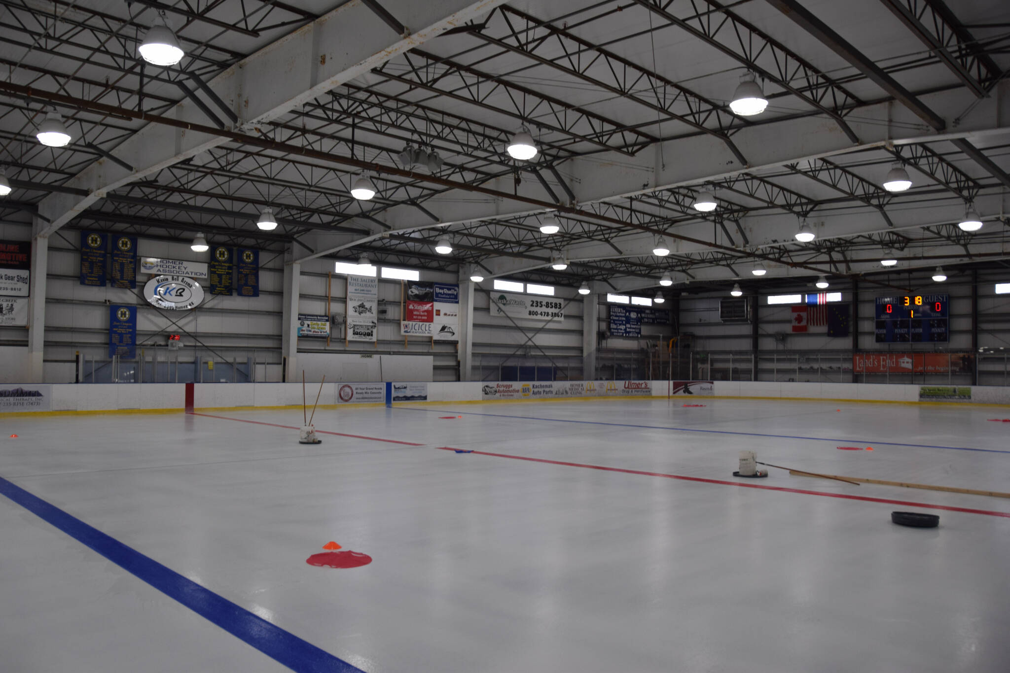 The Kevin Bell Arena ice rink nears completion on Sept. 29, 2022, in Homer, Alaska. The Homer Hockey Association announced Wednesday that the arena was closed indefinitely due to insufficient insurance coverage. (Photo by Charlie Menke/ Homer News)