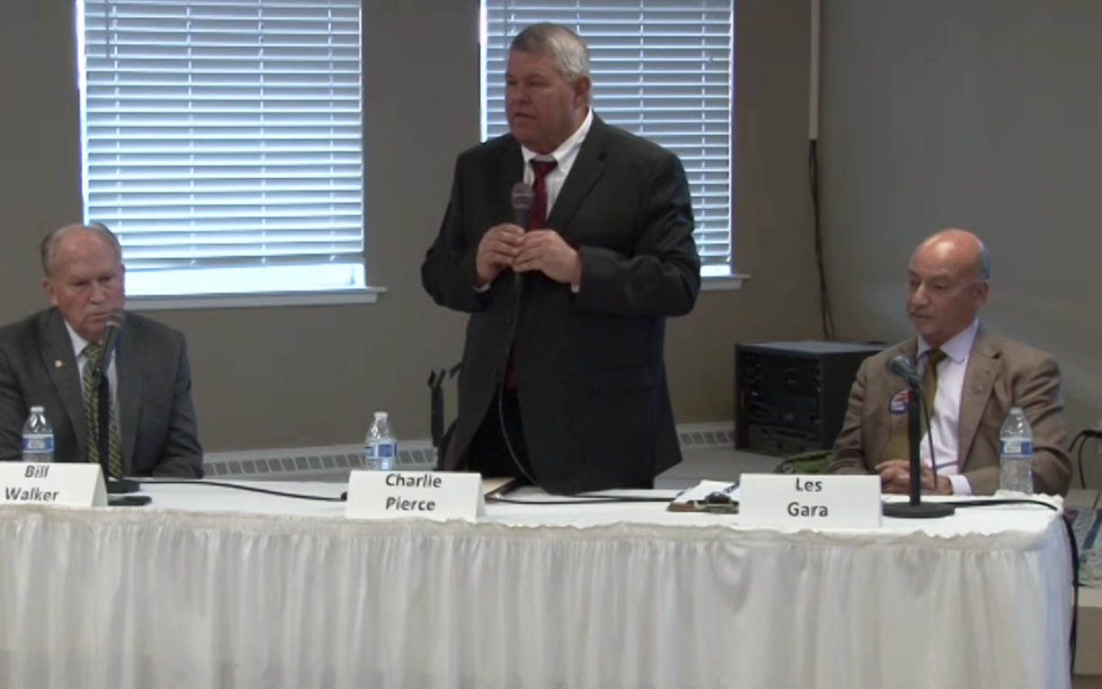 From left: Alaska gubernatorial candidates former Gov. Bill Walker, former Kenai Peninsula Borough Mayor Charlie Pierce and former state lawmaker Les Gara participate in a candidate forum hosted by the Homer Chamber of Commerce at Land’s End Resort on Thursday, Oct. 6, 2022, in Homer, Alaska. (Screenshot)