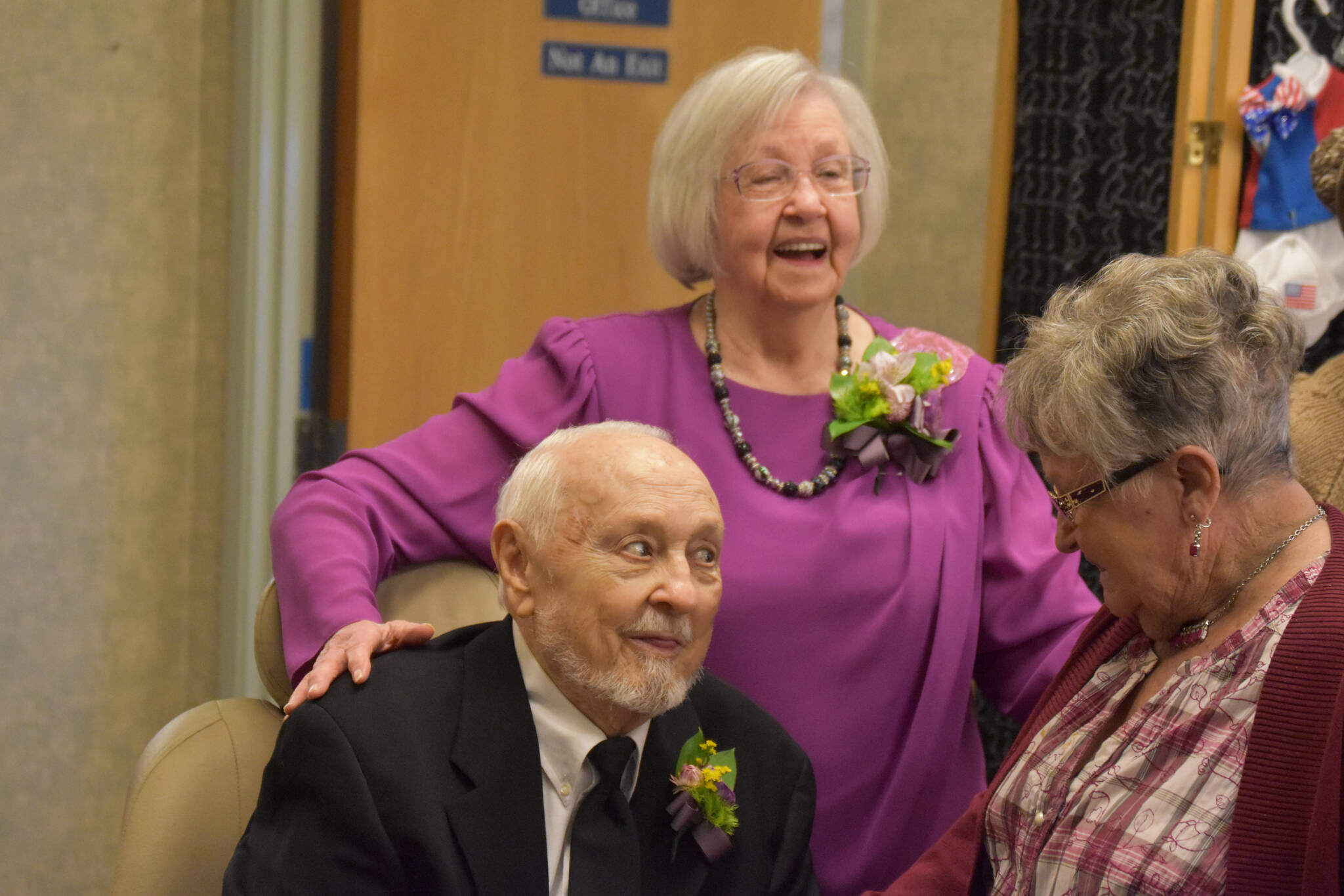 Roy and Ozella Williams chat with attendees at their 70th Wedding Anniversary celebration on Friday, Oct. 7, 2022, at the Kenai Senior Center in Kenai, Alaska. (Jake Dye/Peninsula Clarion)