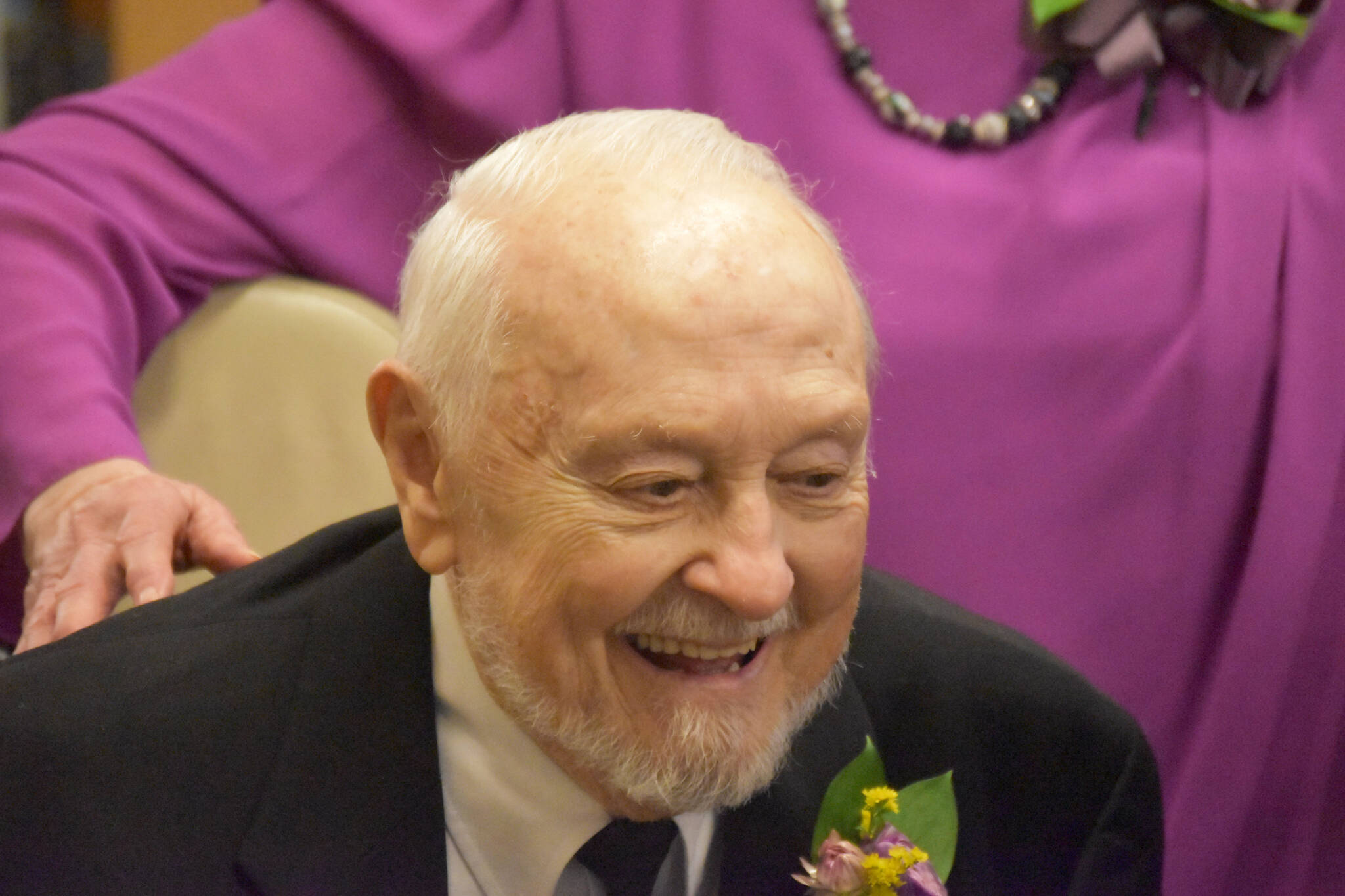 Roy Williams laughs with attendees at the 70th Anniversary celebration of his and Ozella's wedding on Friday, Oct. 7, 2022 at the Kenai Senior Center in Kenai, Alaska. (Jake Dye/Peninsula Clarion)