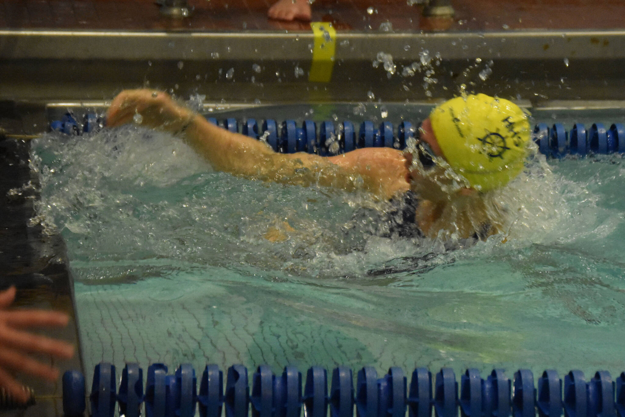 Homer's Annabelle Franciscone performs an open turn while swimming the 50-yard breaststroke at the SoHI Pentathlon on Friday, Oct. 7, 2022, at Soldotna High School in Soldotna, Alaska. (Jake Dye/Peninsula Clarion)