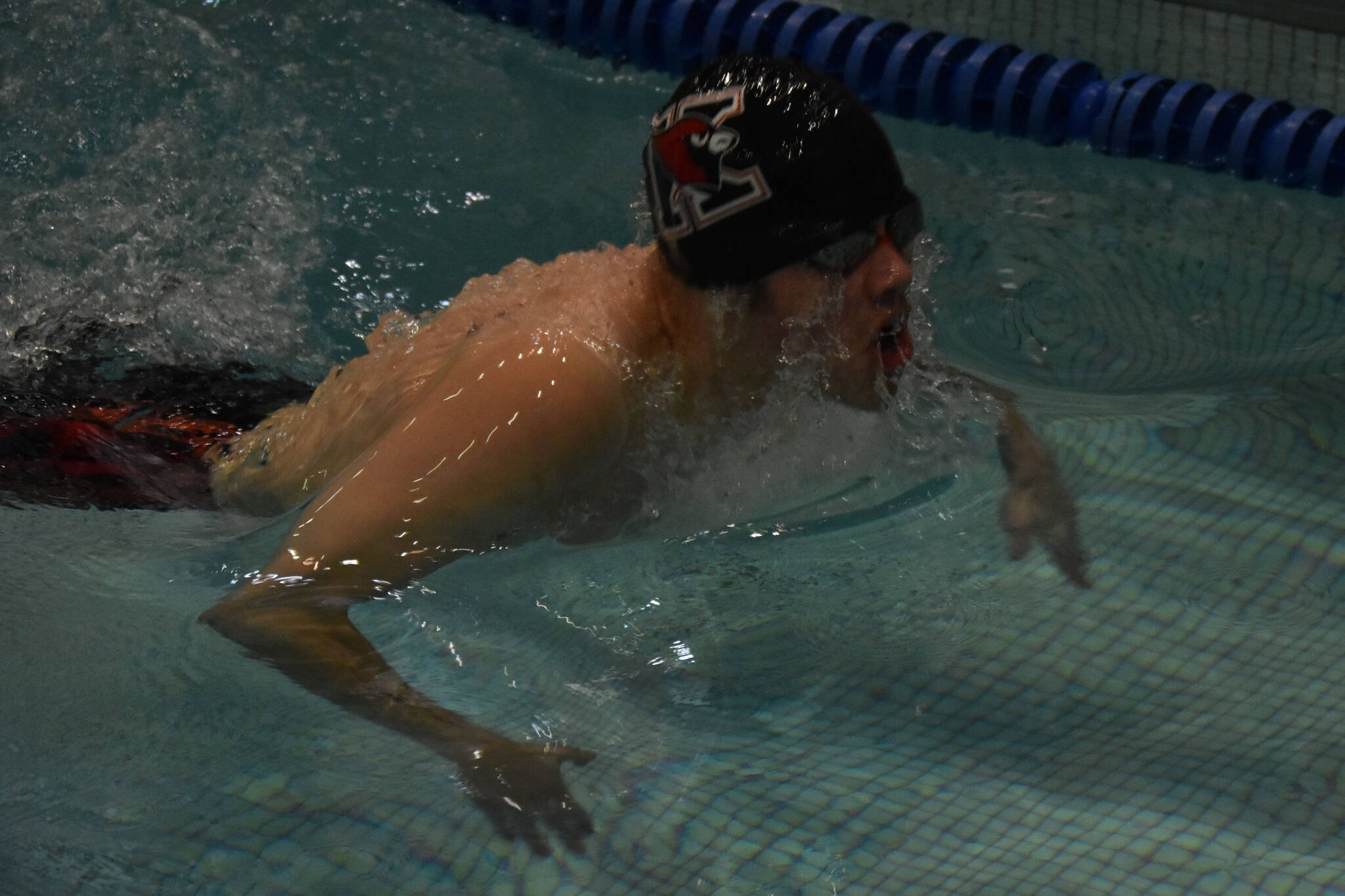 Kenai’s Samuel Anderson swims in the 50-yard breaststroke at the SoHi Pentathlon on Friday, Oct. 7, 2022, at Soldotna High School in Soldotna, Alaska. (Jake Dye/Peninsula Clarion)