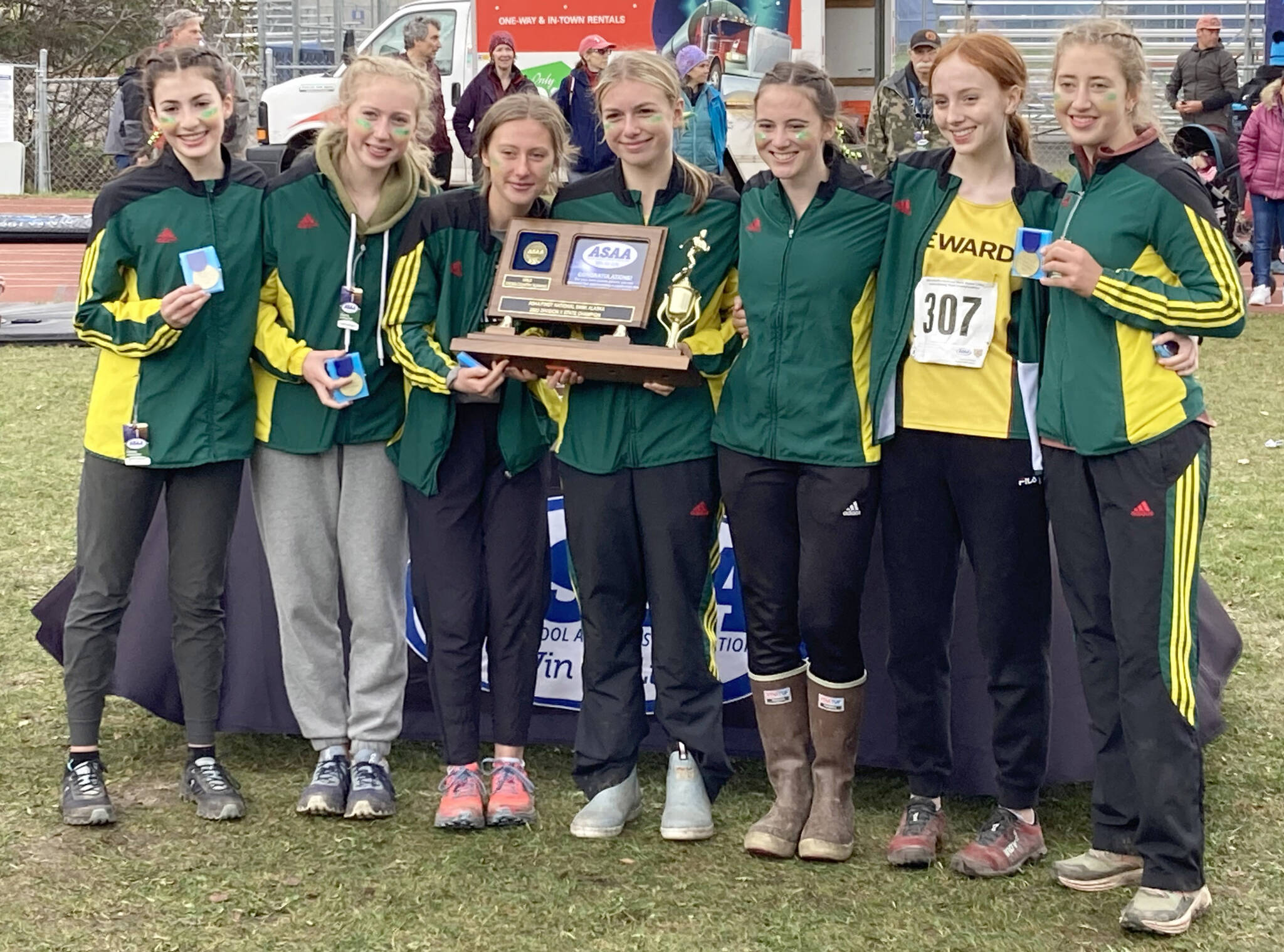 The Seward girls won the Division II team title at the state cross-country meet Saturday, Oct. 8, 2022, at Bartlett High School in Anchorage, Alaska. (Photo by Jeff Helminiak/Peninsula Clarion)