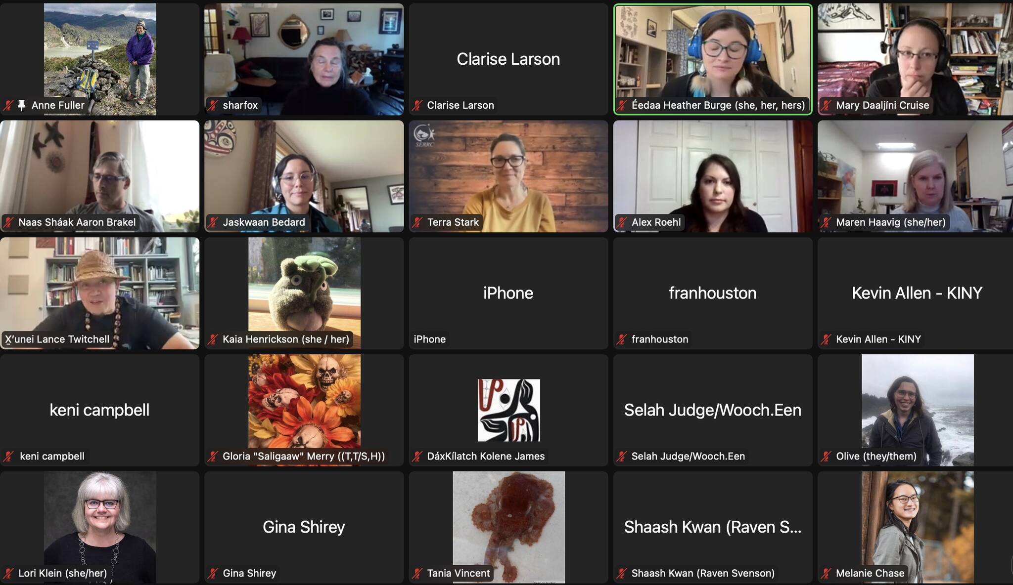 More than 60 people joined in on a Zoom meeting Monday afternoon to participate in an Indigenous Language revitalization class and panel that addressed the future of Lingít, X̱aad Kíl, and Smʼalgya̱x. (Screenshot / Clarise Larson)
