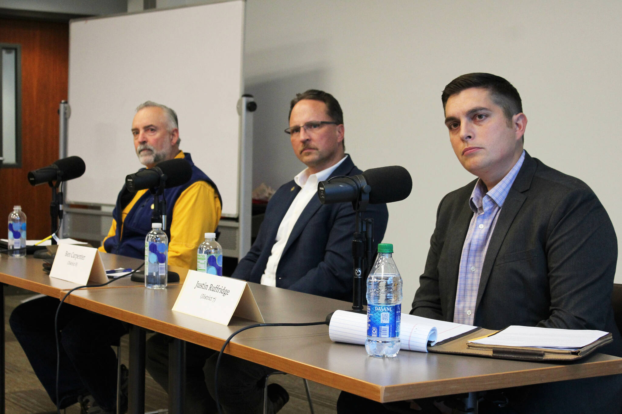 From left: Alaska State House candidates Ron Gillham, Ben Carpenter and Justin Ruffridge participate in a candidate forum on Monday, Oct. 10, 2022 in Soldotna, Alaska. (Ashlyn O’Hara/Peninsula Clarion)