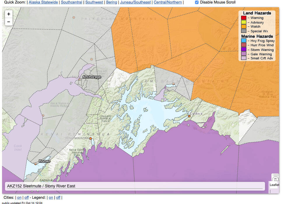 A special weather statement for the western Kenai Peninsula has been issued by the National Weather Service. (Screenshot weather.gov)