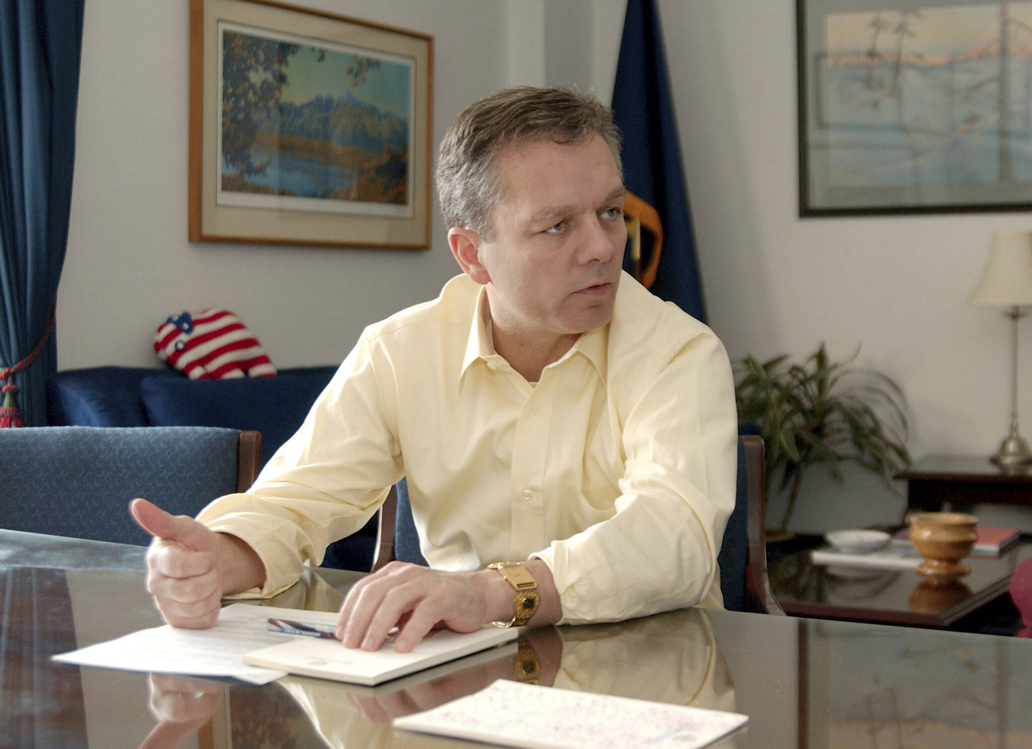 Then-Alaska State Senate President Ben Stevens, R Anchorage, talks during an interview on May 25, 2005, at the State Capitol in Juneau, Alaska. Ben Stevens, a former Alaska Senate president and a son of the late U.S. Sen. Ted Stevens, died on Thursday, Oct. 13, 2022. He was 63. (AP Photo/David J. Sheakley, File)