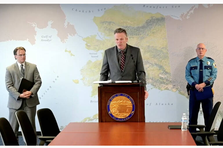 Gov. Mike Dunleavy hosts a press conference announcing new legislation to toughen penalties for drug dealers selling opioids, on Oct. 17, 2022, in Anchorage, Alaska. (Screenshot)