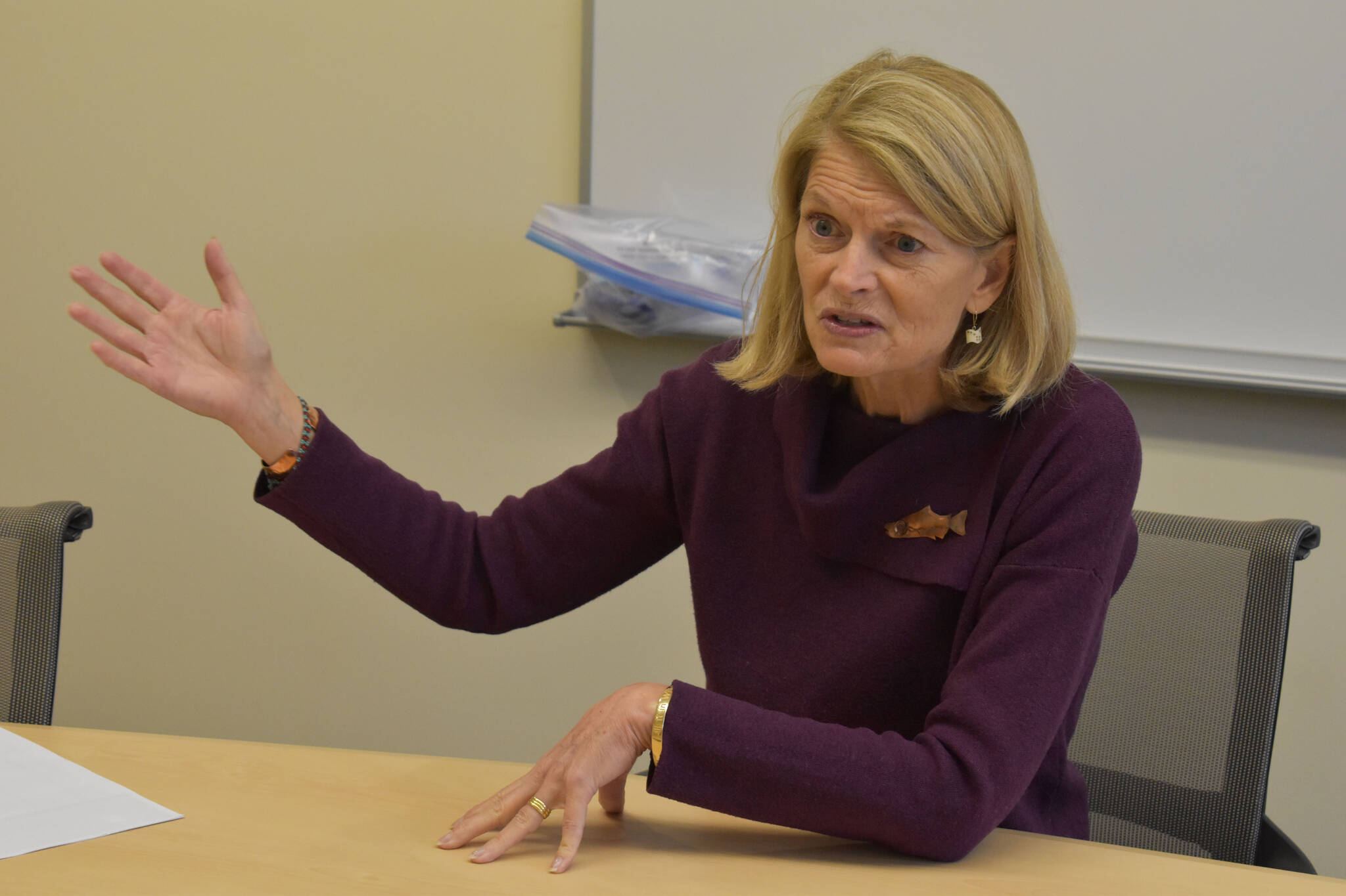 U.S. Sen. Lisa Murkowski, R-Alaska, sits for an interview at Kenai Peninsula College in Soldotna, Alaska, on Tuesday, Oct. 18, 2022. (Jake Dye/Peninsula Clarion)