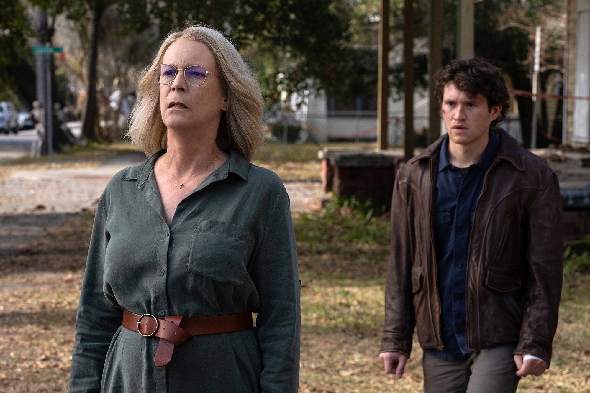 From left: Laurie Strode (Jamie Lee Curtis) and Corey (Rohan Campbell) star in Halloween Ends, co-written, produced and directed by David Gordon Green. (Image via Universal)