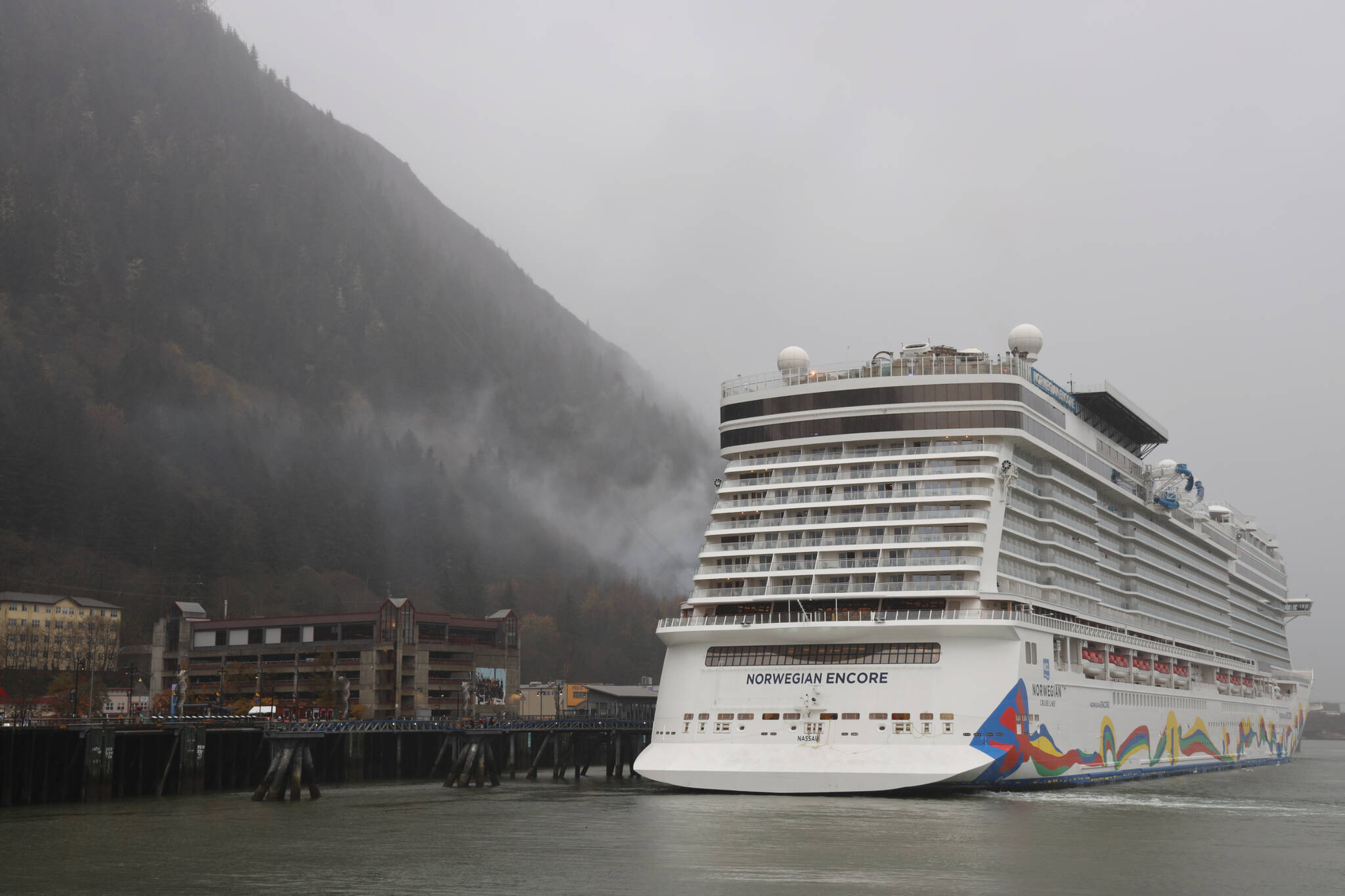 Clarise Larson / Juneau Empire
The final cruise ship, Norwegian Cruise Line’s Norwegian Encore, sailed out of Juneau Tuesday night marking the end of another tourism season that, according to officials, brought near pre-pandemic numbers of visitors to the capital city.