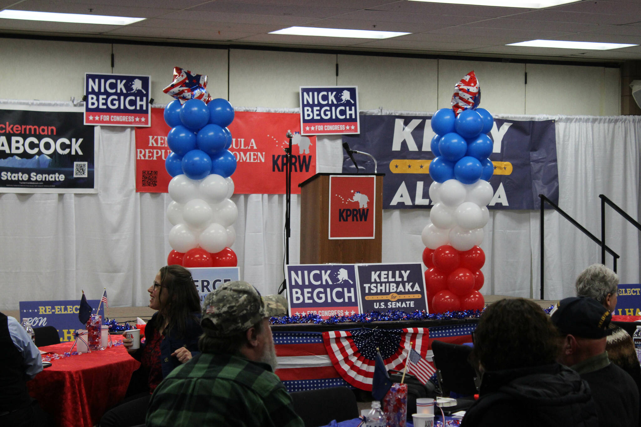 Attendees wait for a “Get Out the Vote” rally hosted by the Kenai Peninsula Republican Women to start at the Soldotna Regional Sports Complex on Tuesday, Oct. 18, 2022, in Soldotna, Alaska. (Ashlyn O’Hara/Peninsula Clarion)