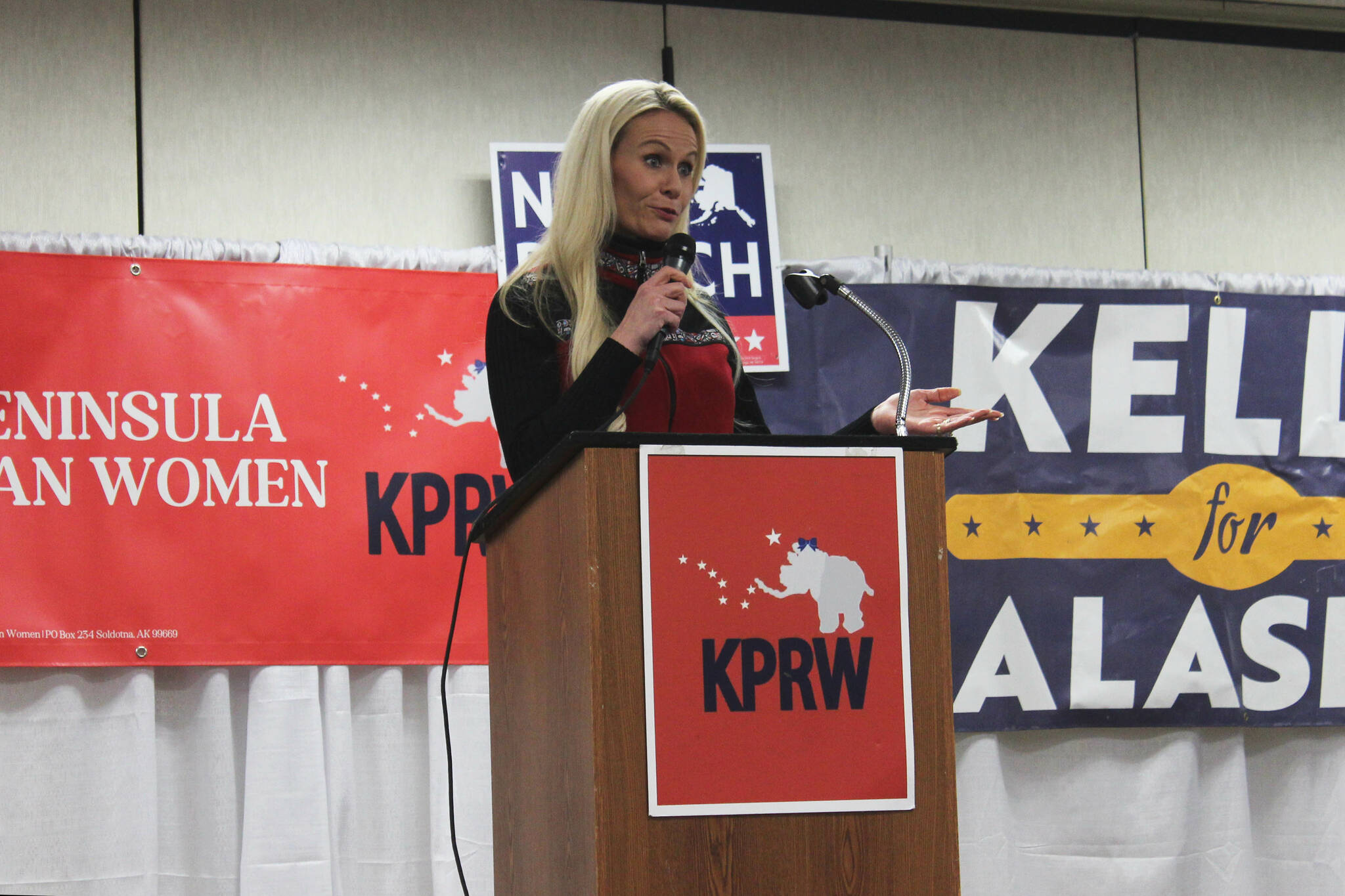U.S. Senate candidate Kelly Tshibaka speaks at a “Get Out the Vote” rally hosted by the Kenai Peninsula Republican Women at the Soldotna Regional Sports Complex on Tuesday, Oct. 18, 2022, in Soldotna, Alaska. (Ashlyn O’Hara/Peninsula Clarion)