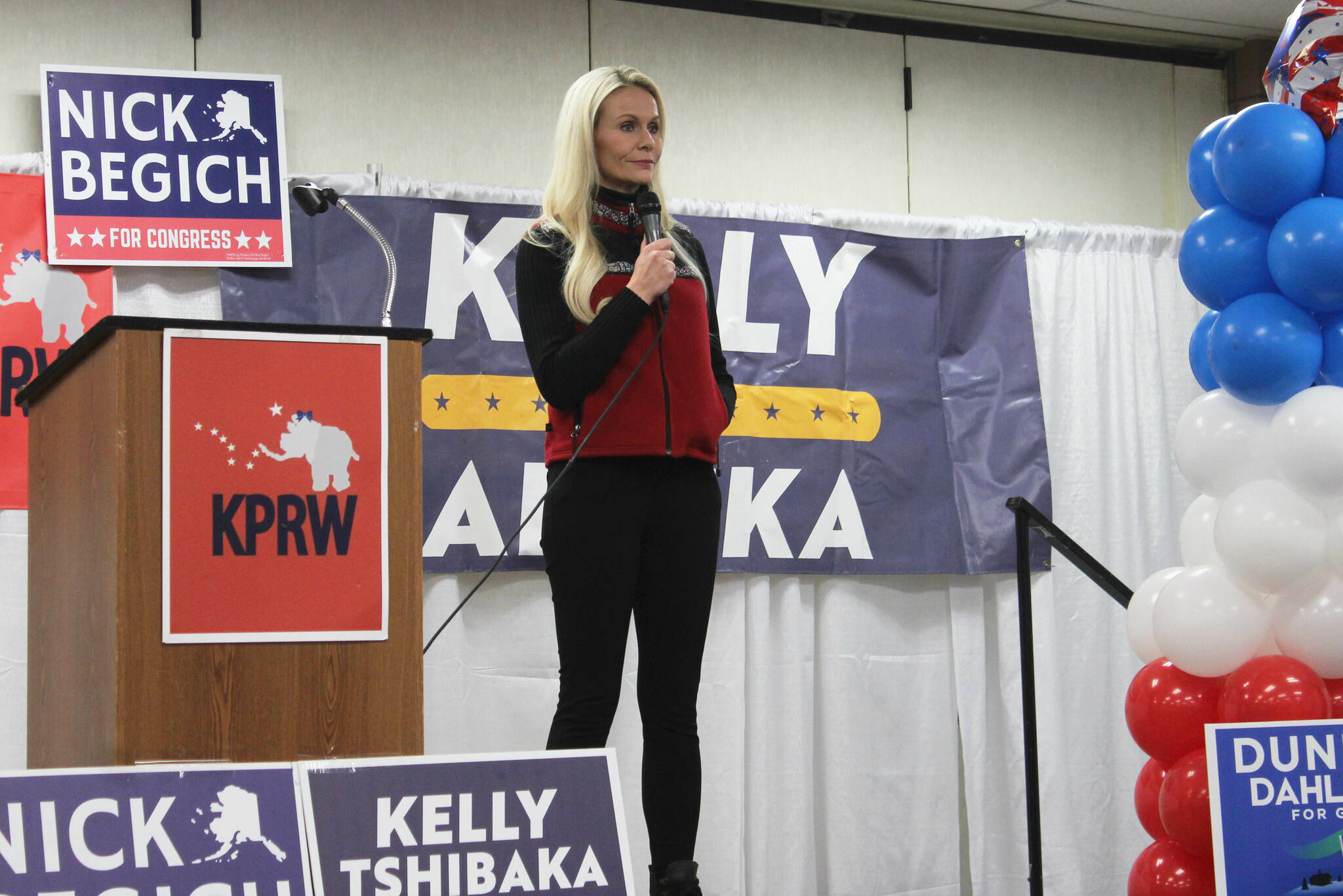 Republican U.S. Senate candidate Kelly Tshibaka speaks at a “Get Out the Vote” rally hosted by the Kenai Peninsula Republican Women at the Soldotna Regional Sports Complex on Tuesday, Oct. 18, 2022, in Soldotna, Alaska. (Ashlyn O’Hara/Peninsula Clarion)