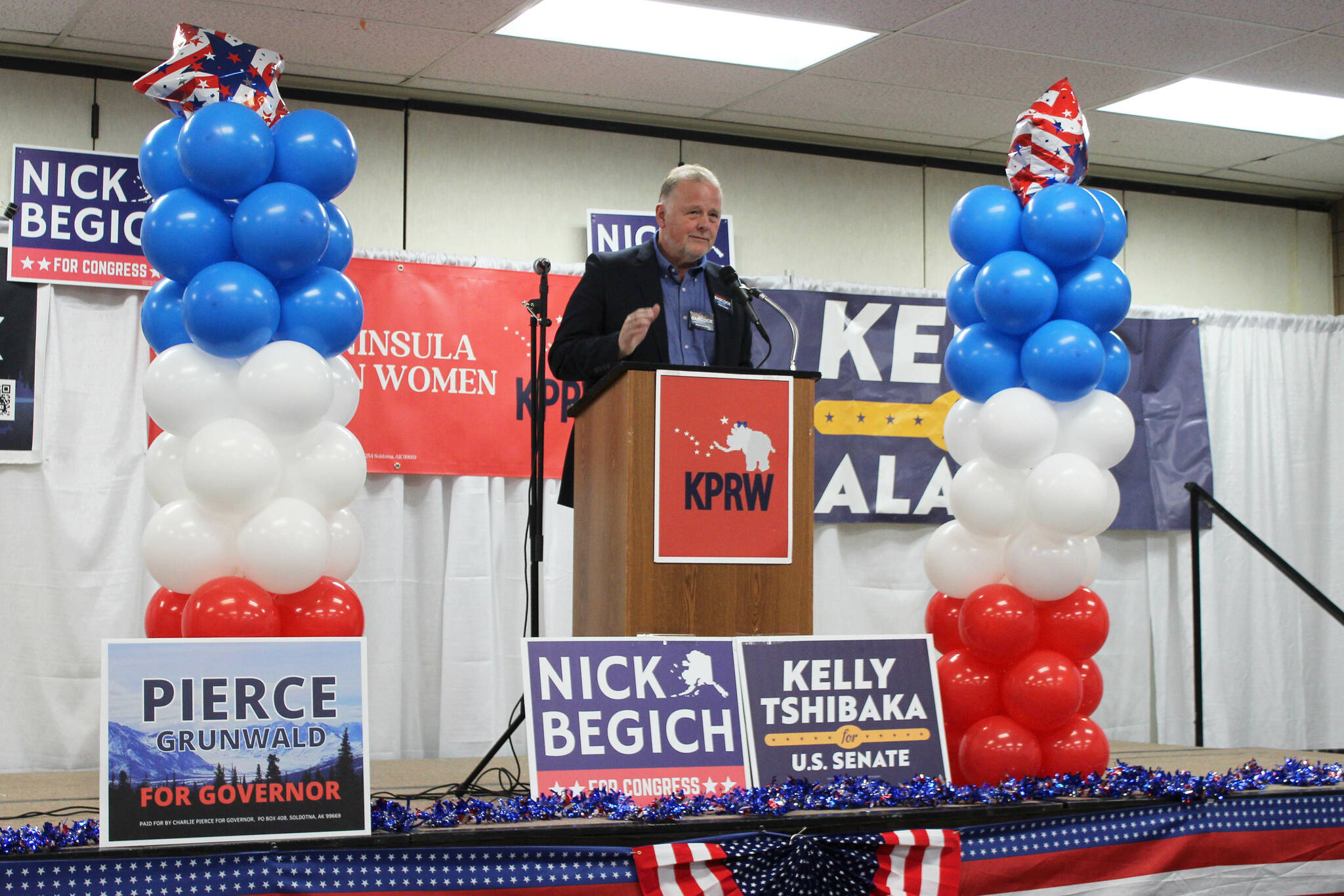 Alaska State Senate candidate Tuckerman Babcock emcees a “Get Out the Vote” rally hosted by the Kenai Peninsula Republican Women at the Soldotna Regional Sports Complex on Tuesday, Oct. 18, 2022, in Soldotna, Alaska. (Ashlyn O’Hara/Peninsula Clarion)