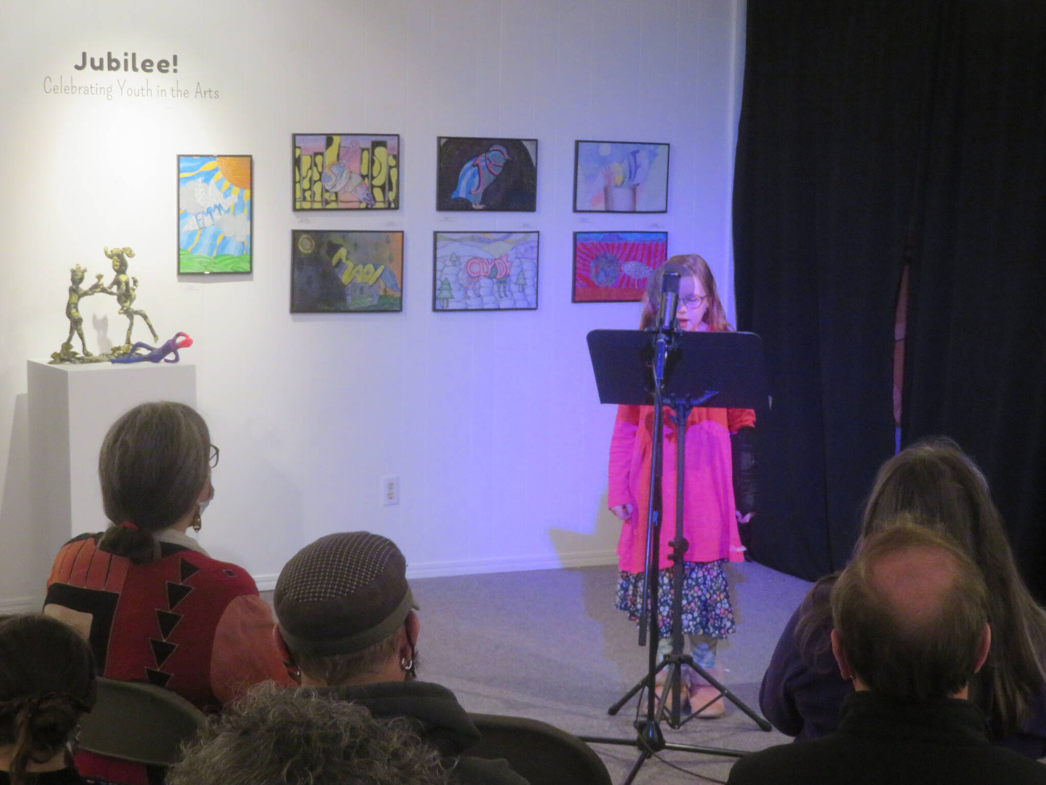 Harper Bross of Soldotna, reads “Judy the Sled Dog,” which placed first in fiction, grade K-3), in the the 2021 Writer’s Contest at Homer Council on the Arts. (Photo provided)