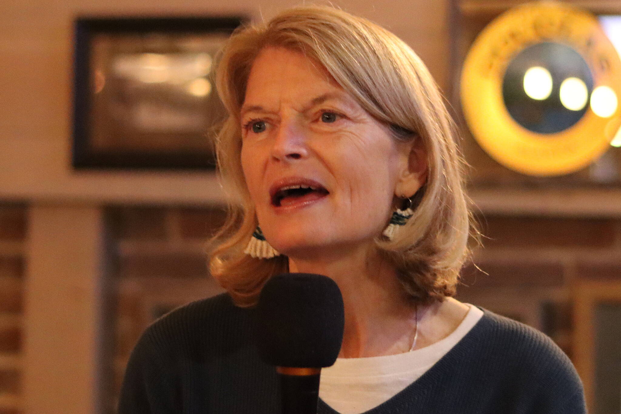 U.S. Sen. Lisa Murkowski speaks during a meet-and-greet Oct. 12 at Louie’s Douglas Inn. (Mark Sabbatini / Juneau Empire)