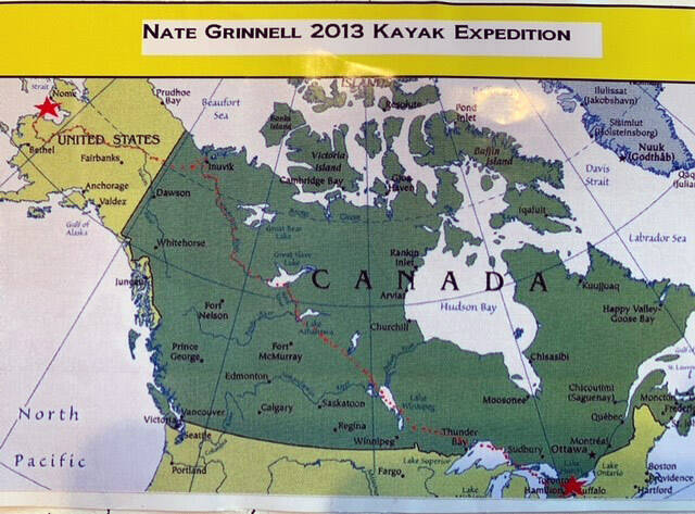 The mapping the route for Nate Grinnell’s kayak expedition. (Photo by Julie Grinnell)