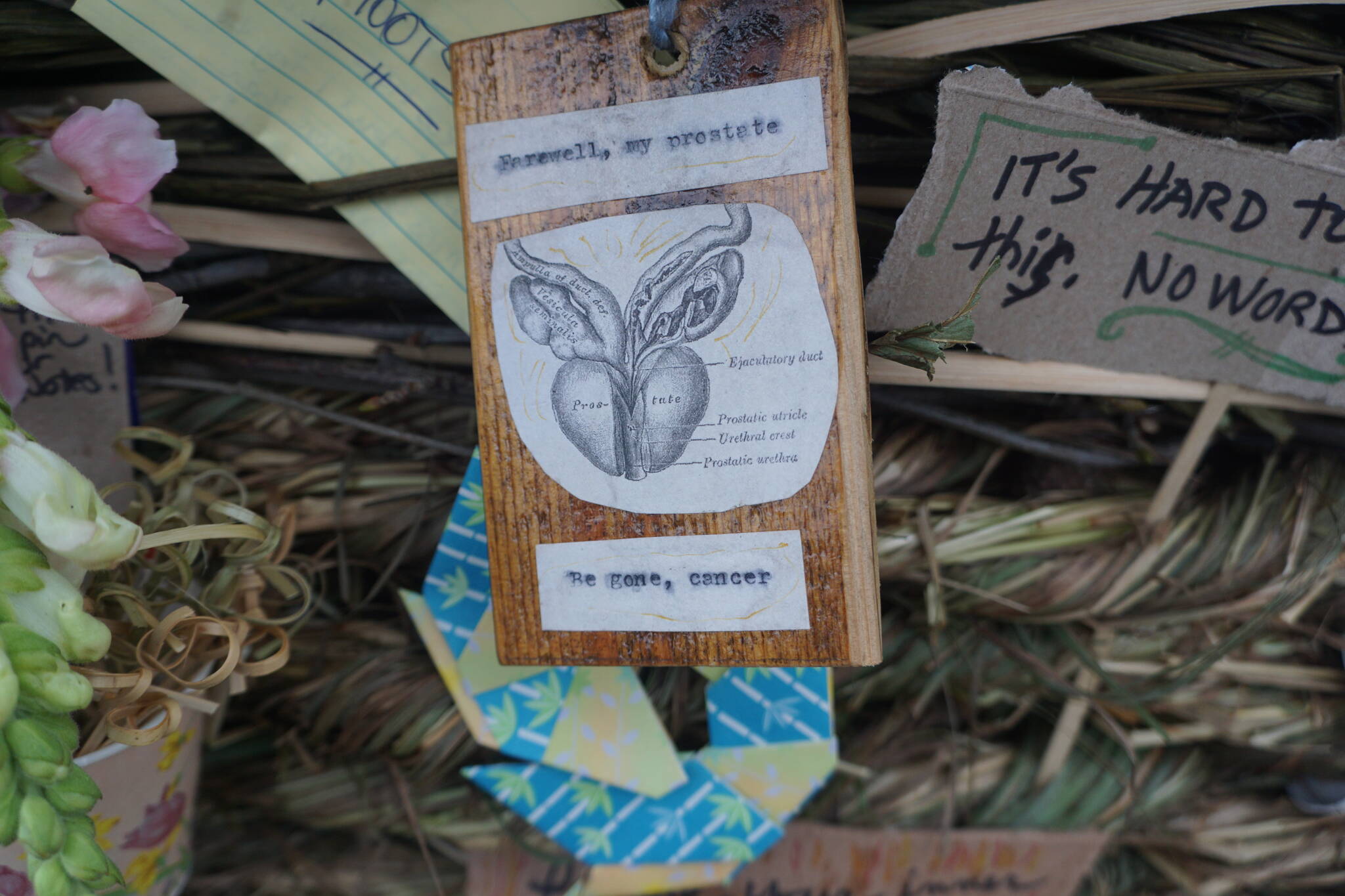 This artwork placed Sept. 11, 2022, on "Breathe," the 2022 Burning Basket in Homer, Alaska, expressed the author's hope that his prostate surgery would remove the cancer from his body. (Photo by Michael Armstrong/Homer News)