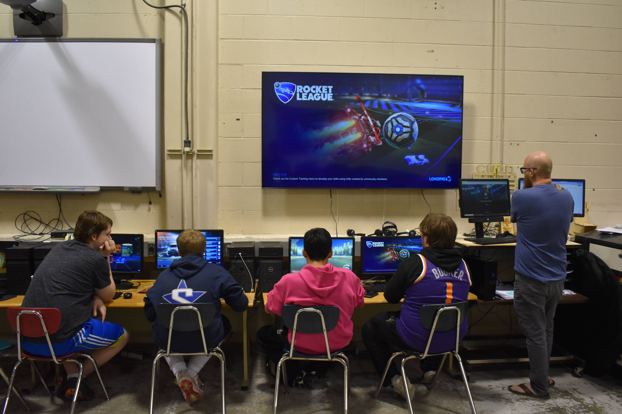 The SoHi Rocket League team prepares for competition on Thursday, Oct. 20, 2022 at Skyview Middle School in Soldotna Alaska. (Jake Dye/Peninsula Clarion)