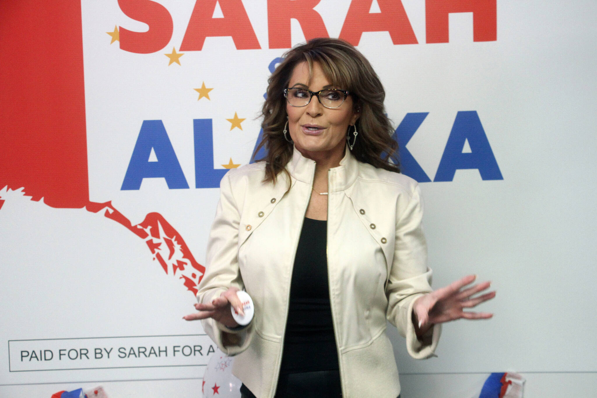 Former Alaska Gov. Sarah Palin addresses supporters at the opening of her new campaign headquarters in Anchorage, Alaska, on Wednesday, April 20, 2022. (AP Photo/Mark Thiessen,File)