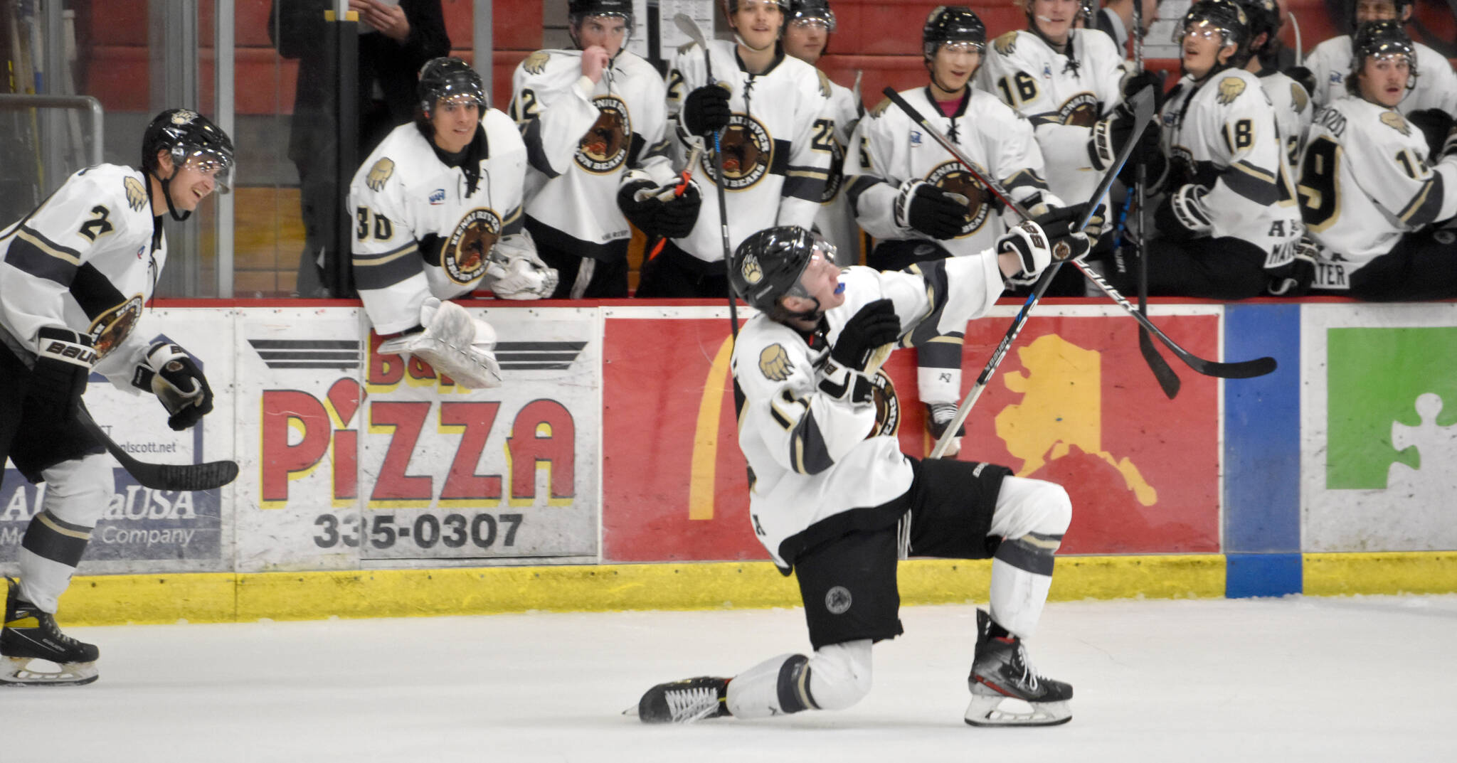 Bryce Monrean of the Kenai River Brown Bears celebrates his second-period goal against the Wisconsin Windigo on Saturday, Oct. 22, 2022, at the Soldotna Regional Sports Complex in Soldotna, Alaska. (Photo by Jeff Helminiak/Peninsula Clarion)