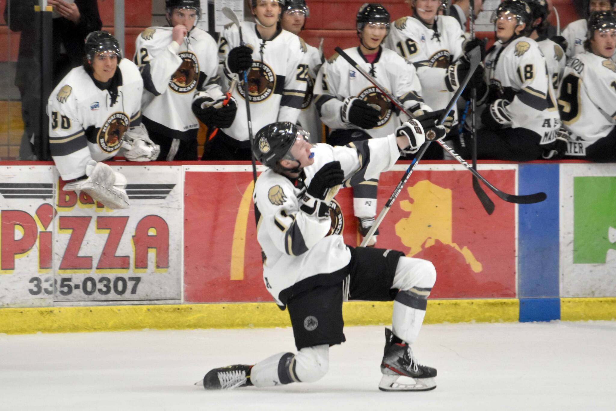 Bryce Monrean of the Kenai River Brown Bears celebrates his second-period goal against the Wisconsin Windigo on Saturday, Oct. 22, 2022, at the Soldotna Regional Sports Complex in Soldotna, Alaska. (Photo by Jeff Helminiak/Peninsula Clarion)