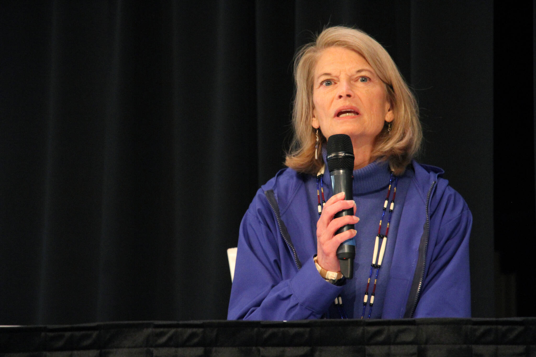 U.S. Sen. Lisa Murkowski, a Republican seeking reelection, answers a question during a candidate forum, Saturday, Oct. 22, 2022, in Anchorage, Alaska. She faces Republican Kelly Tshibaka and Democrat Pat Chesbro in the Nov. 8, 2022, election. (AP Photo/Mark Thiessen)