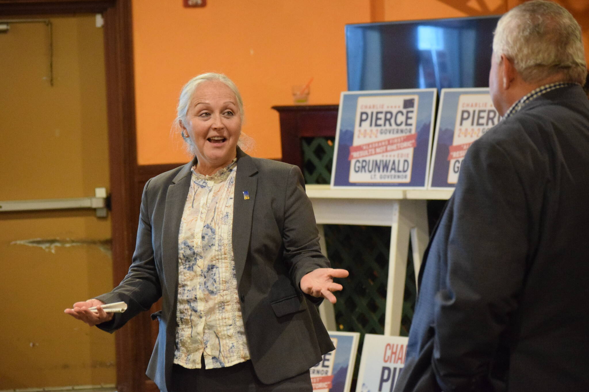 Alaska Gubernatorial candidate Charlie Pierce selects Edie Grunwald to be his running mate at a campaign event at Paradisos restaurant in Kenai on Saturday, March 5, 2022. Grunwald announced Tuesday that she was withdrawing as his running mate in response to allegations of harassment made against Pierce. (Camille Botello/Peninsula Clarion)