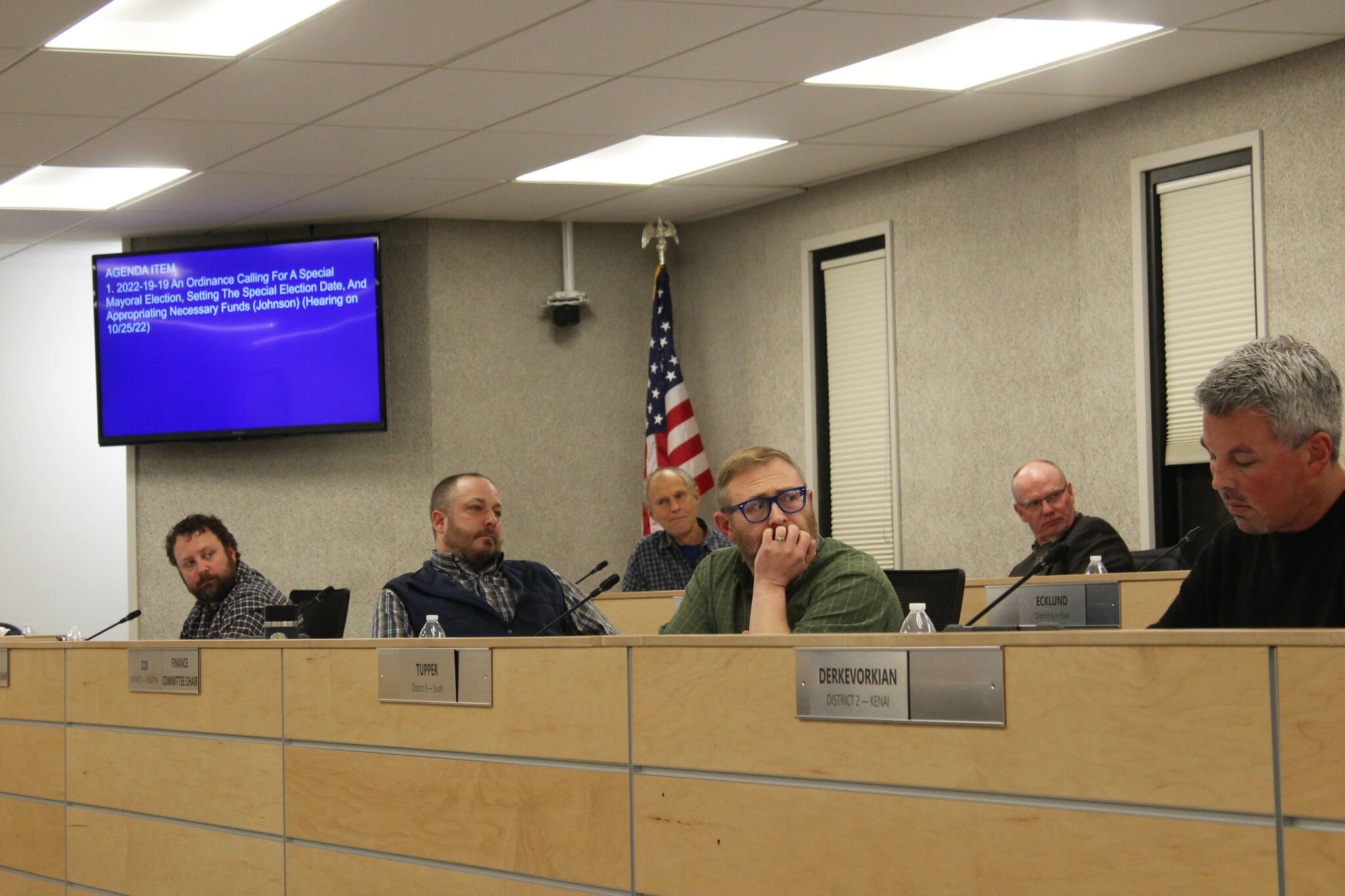 Assembly members participate in a meeting on Tuesday, Oct. 25, 2022 in Soldotna, Alaska. (Ashlyn O'Hara/Peninsula Clarion)