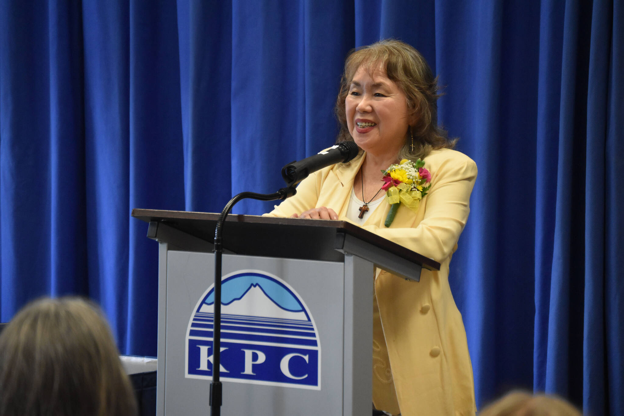 Yasuko Lehtinen speaks at a commendation ceremony where she was awarded the Foreign Minister Commendation on Friday, Oct. 28, 2022, at Kenai Peninsula College in Soldotna, Alaska. (Jake Dye/Peninsula Clarion)