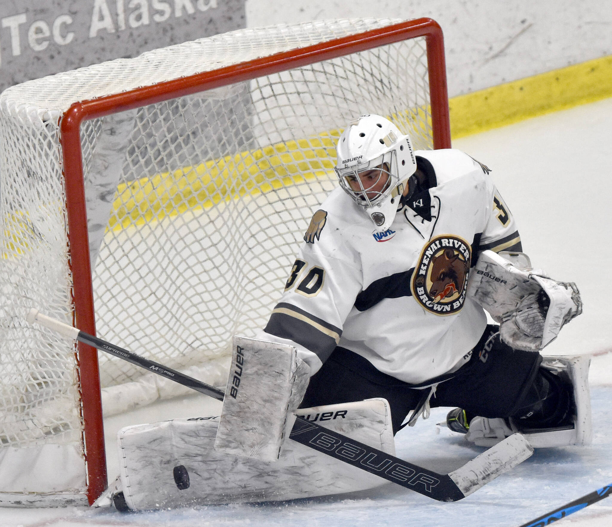 Kenai River goalie Bryant Marks makes a kick save against the Chippewa (Wisconsin) Steel on Saturday, Oct. 29, 2022, at the Soldotna Regional Sports Complex in Soldotna, Alaska. (Photo by Jeff Helminiak/Peninsula Clarion)
