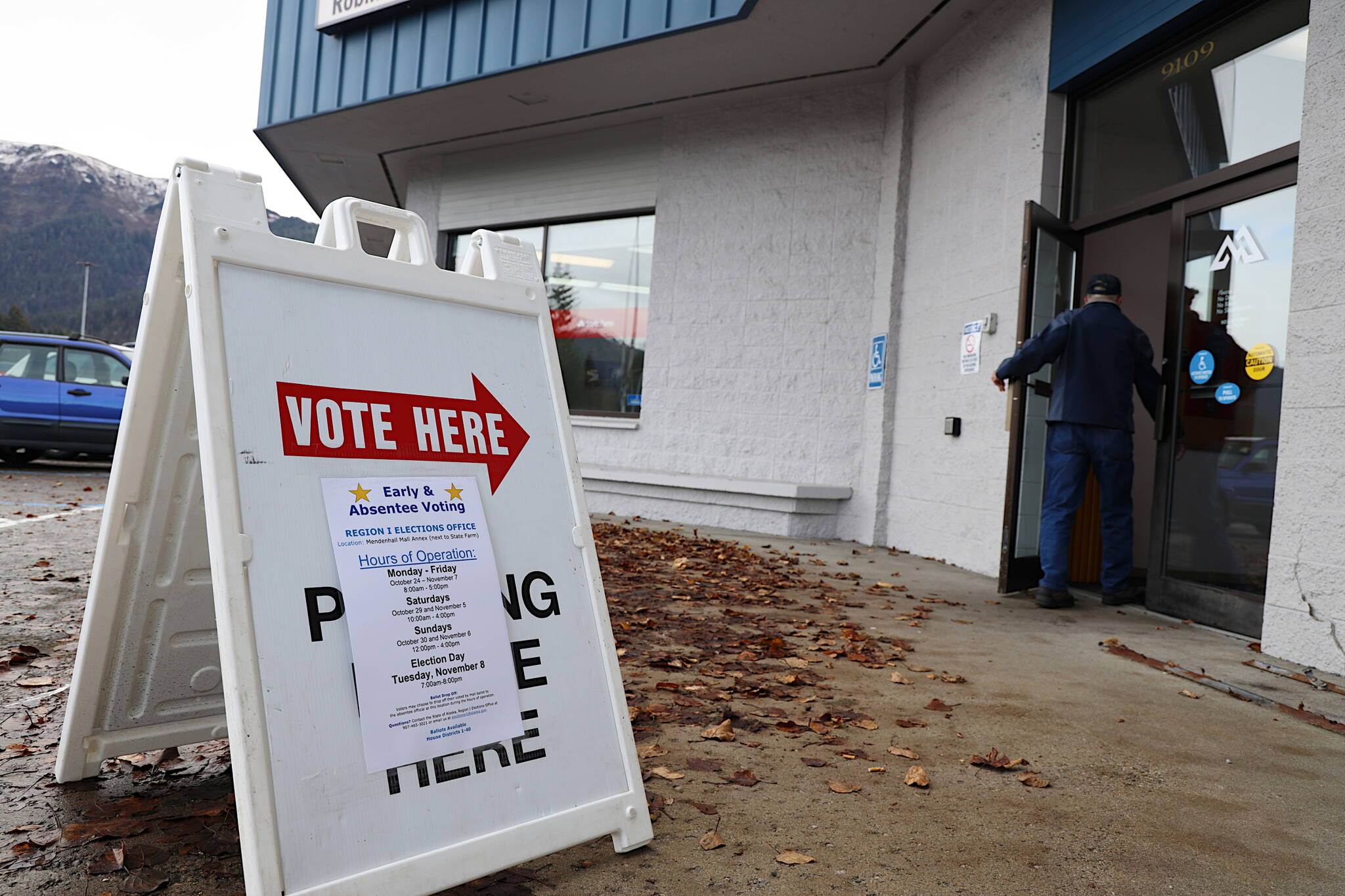 A person enters the Division of Election’s office at the Mendenhall Mall, where early voting is taking place from 8 a.m. to 5 p.m. weekdays through Nov. 8. (Clarise Larson / Juneau Empire)