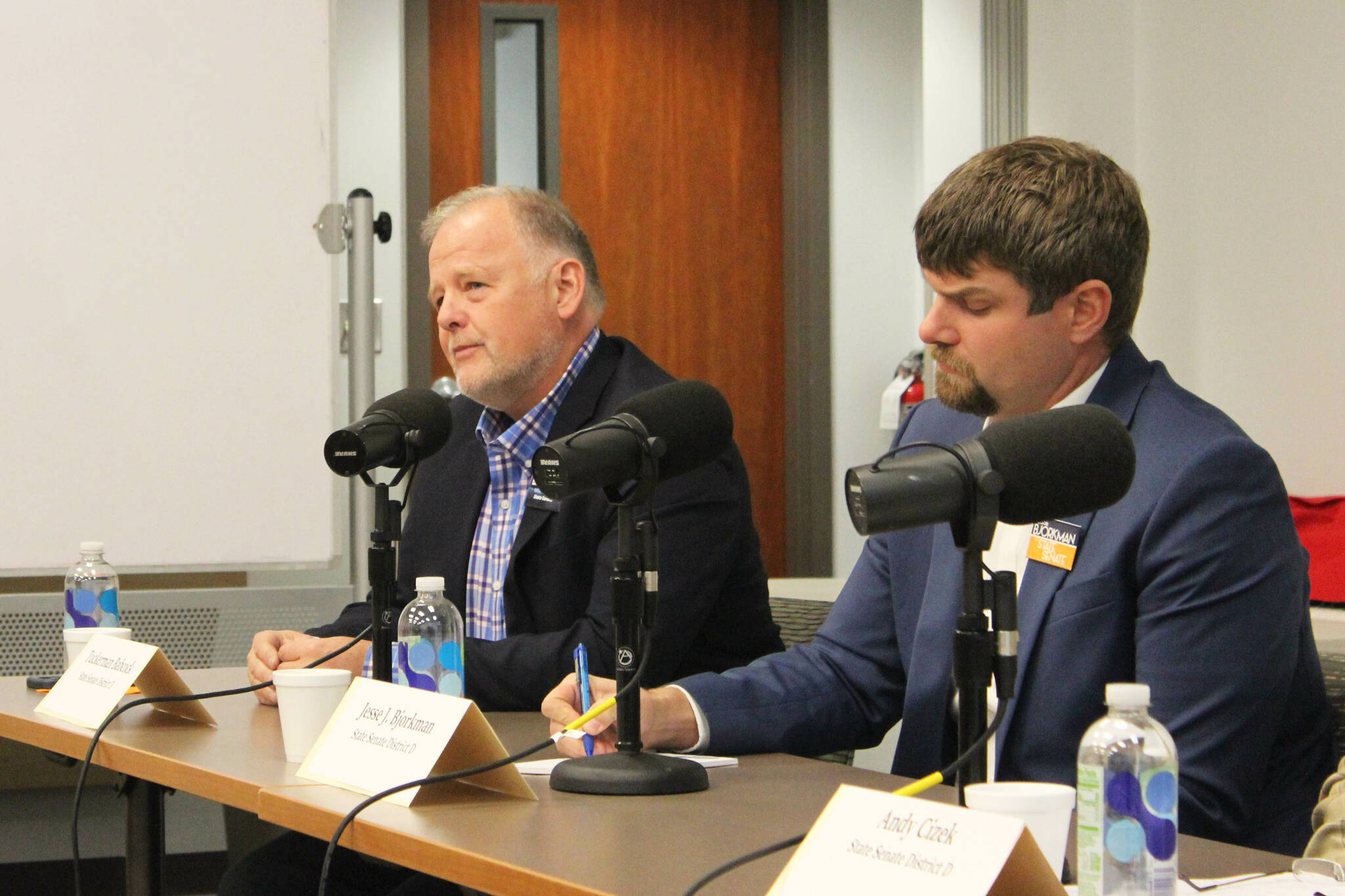 Alaska Senate District D candidate Tuckerman Babcock (left) participates in a candidate forum at the Soldotna Public Library on Monday, Oct. 17, 2022, in Soldotna, Alaska. (Ashlyn O’Hara/Peninsula Clarion)